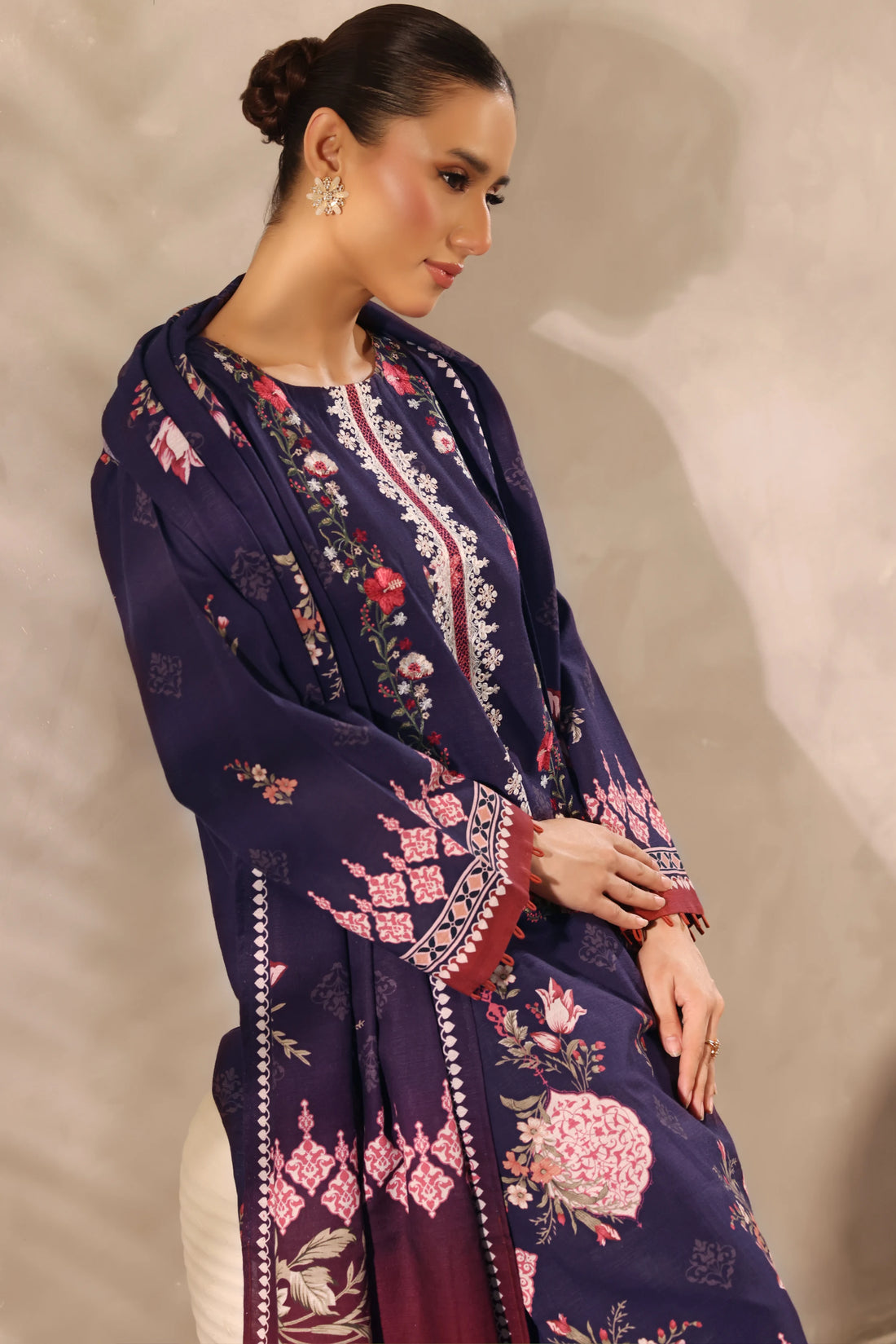 Muse Raat, Printed Khaddar Embroidered 3 Piece