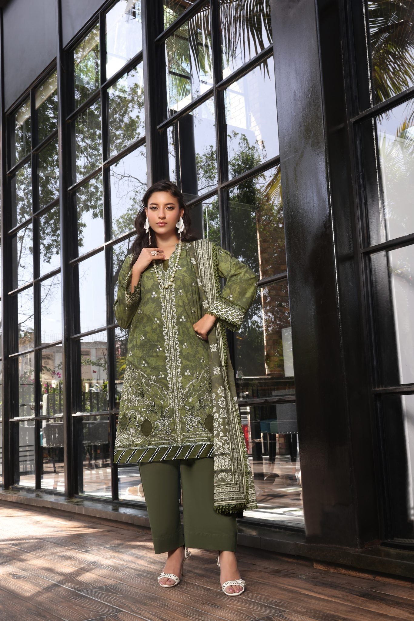 Coco Olive Green, Embroidered Lawn 3 Piece