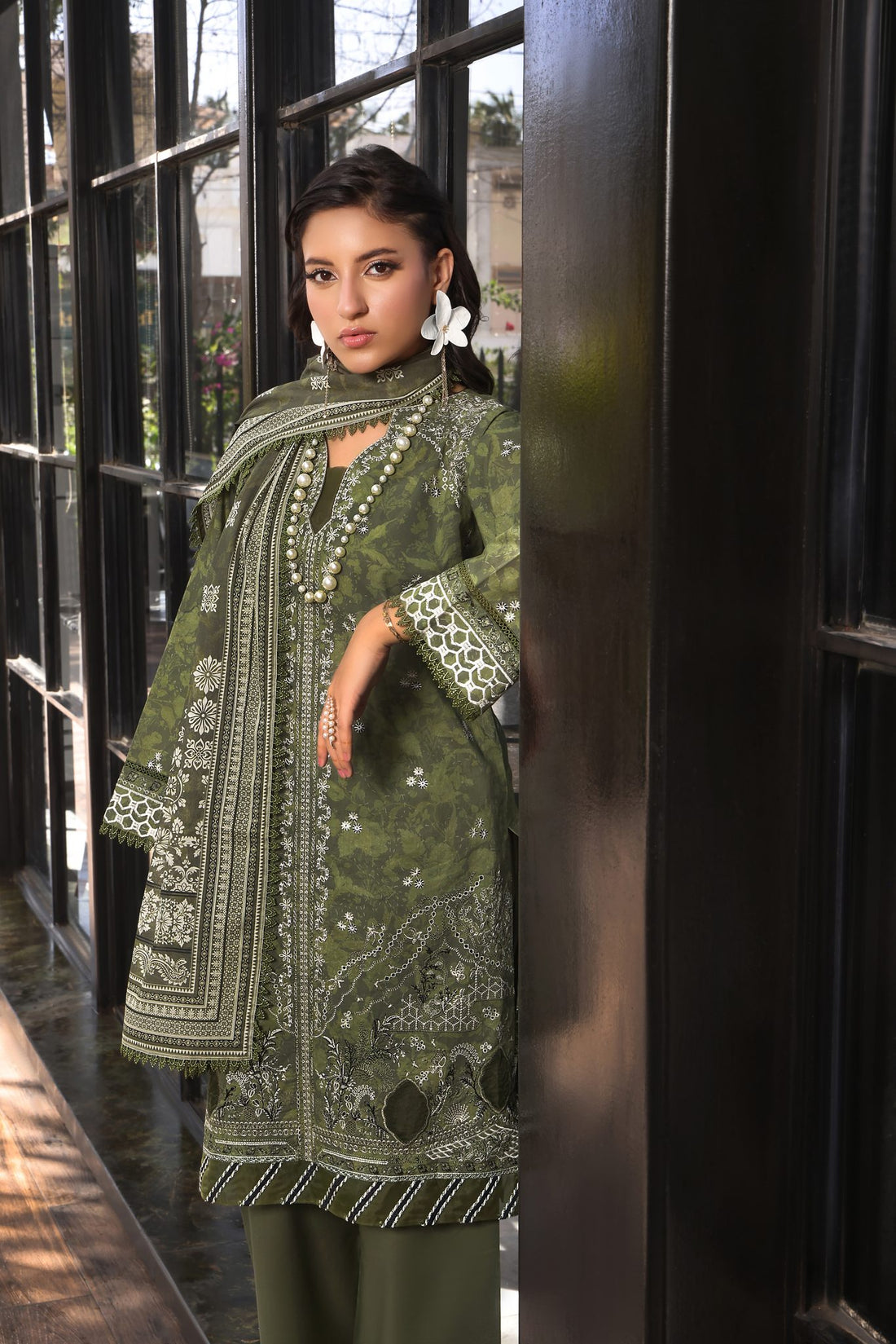 Coco Olive Green, Embroidered Lawn 3 Piece