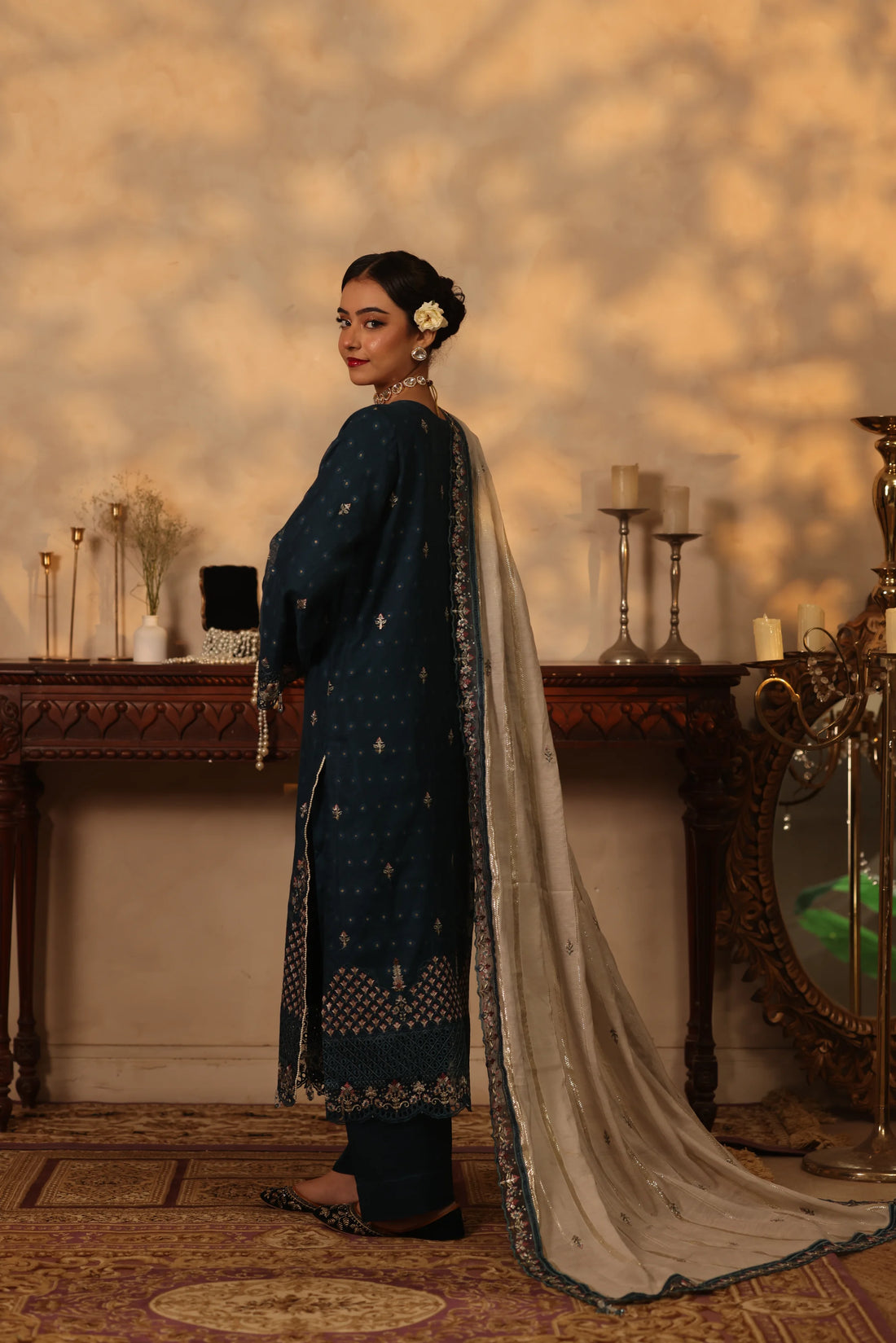 Purani Yaadein Nila Raat, Embroidered Khaadi Net 3 Piece