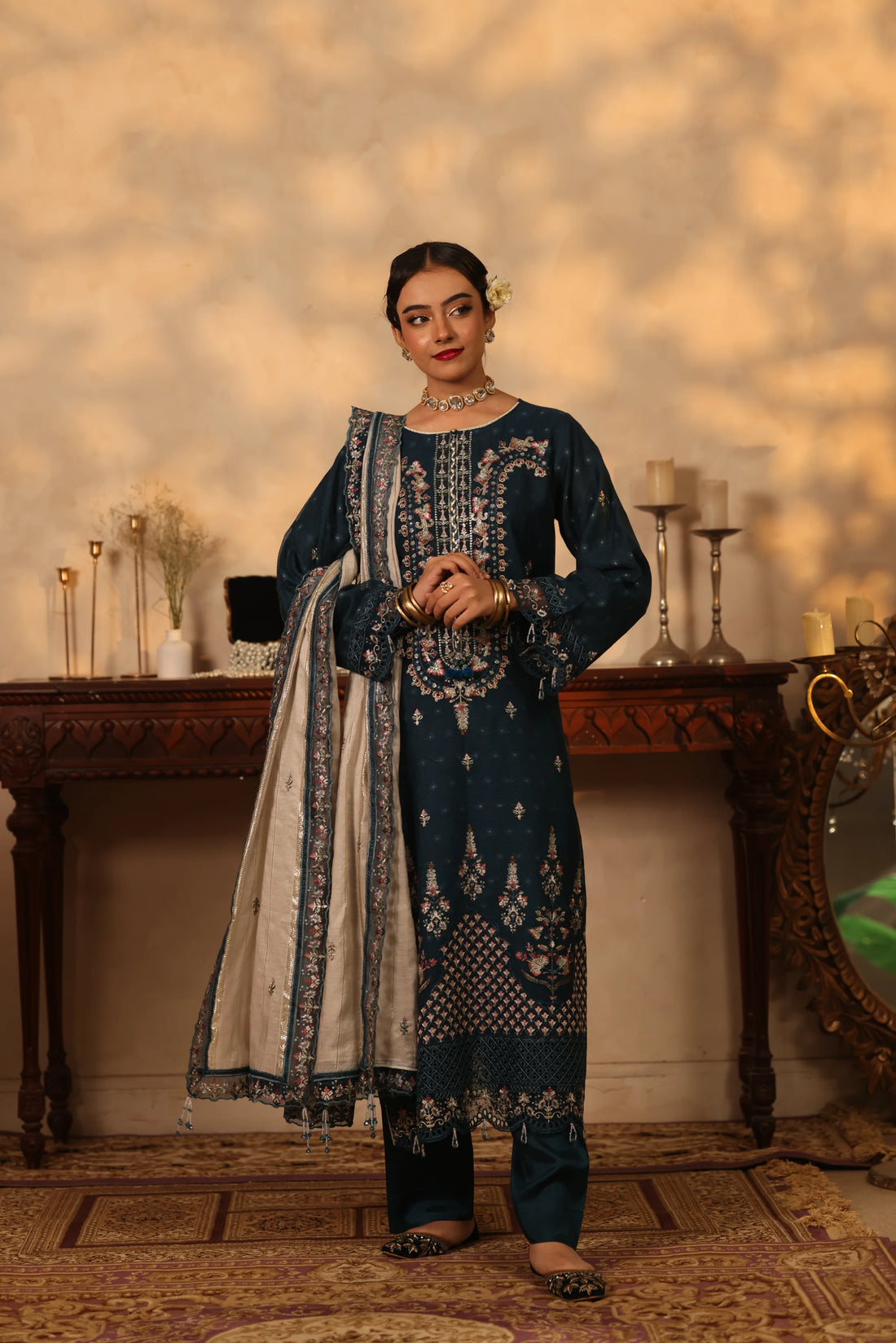 Purani Yaadein Nila Raat, Embroidered Khaadi Net 3 Piece