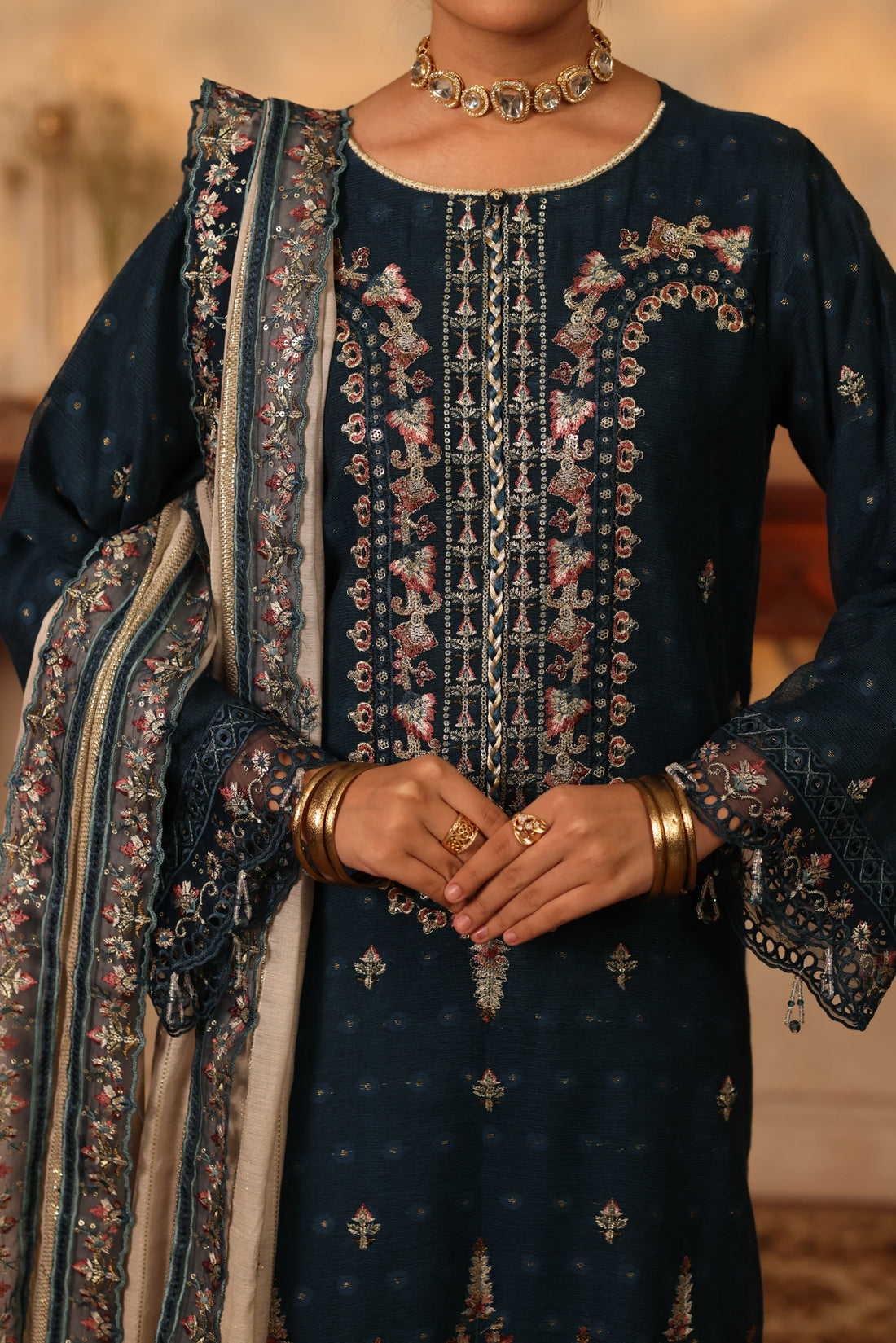 Purani Yaadein Nila Raat, Embroidered Khaadi Net 3 Piece