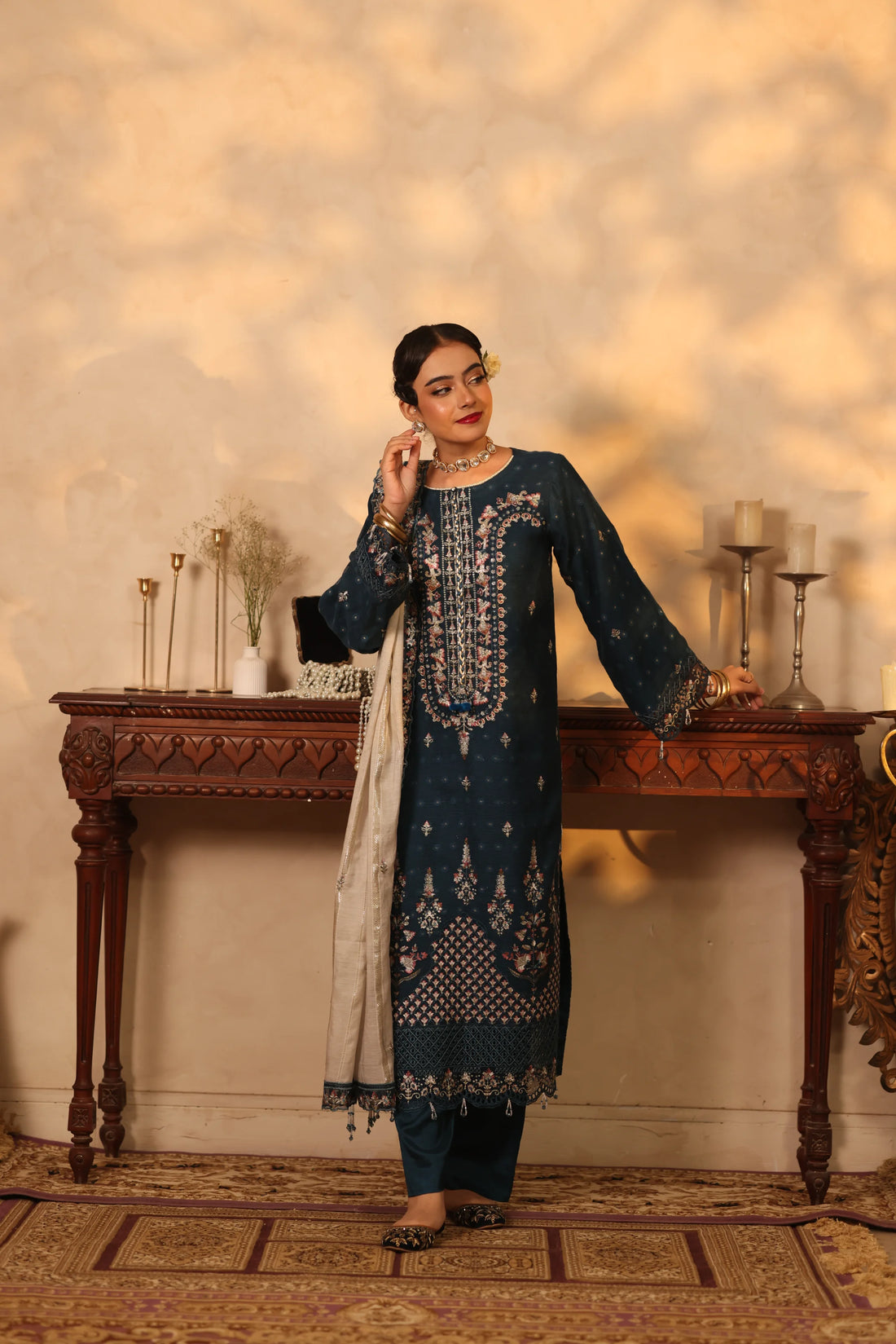 Purani Yaadein Nila Raat, Embroidered Khaadi Net 3 Piece