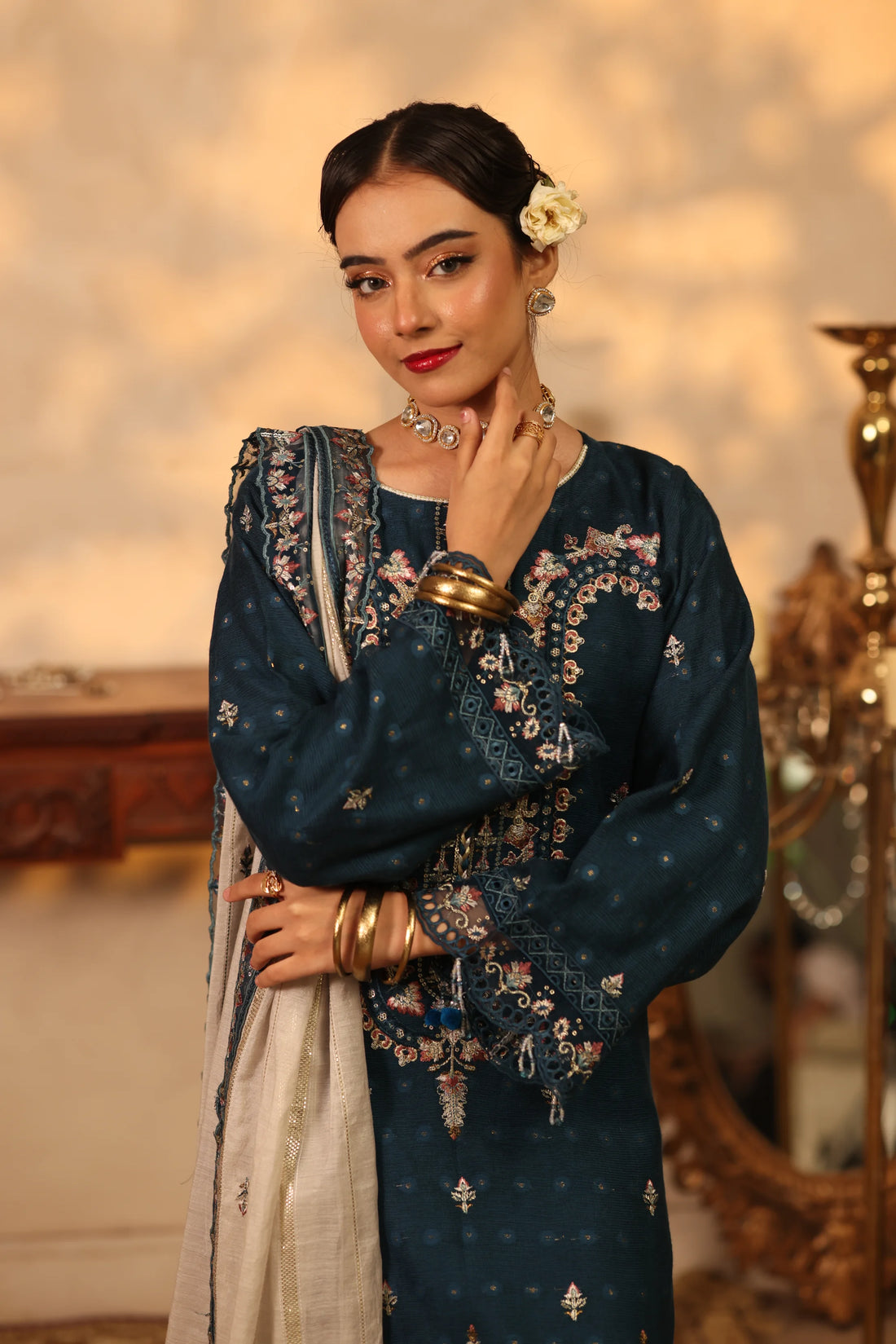 Purani Yaadein Nila Raat, Embroidered Khaadi Net 3 Piece