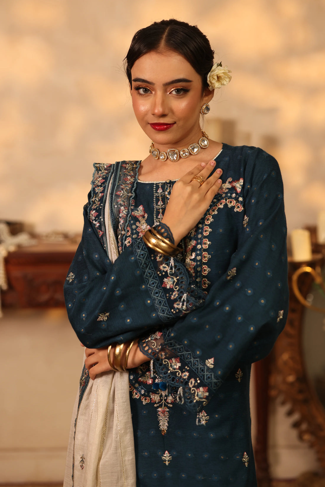 Purani Yaadein Nila Raat, Embroidered Khaadi Net 3 Piece