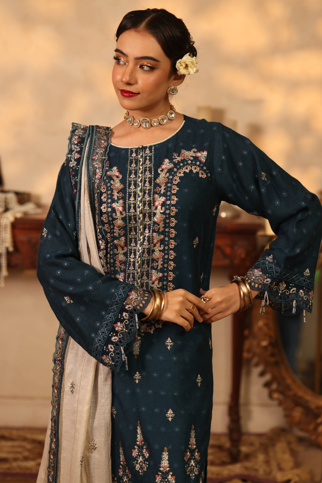 Purani Yaadein Nila Raat, Embroidered Khaadi Net 3 Piece