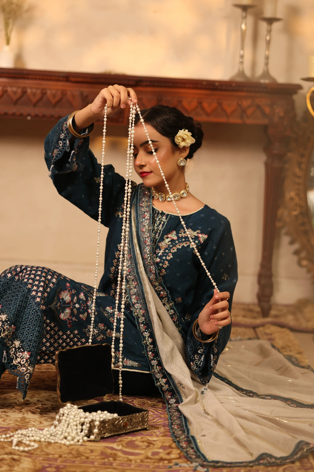 Purani Yaadein Nila Raat, Embroidered Khaadi Net 3 Piece
