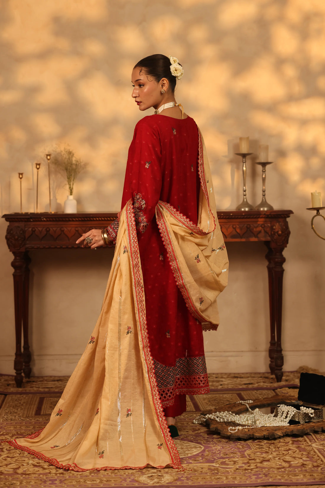 Purani Yaadein Crimson, Embroidered Khaadi Net 3 Piece