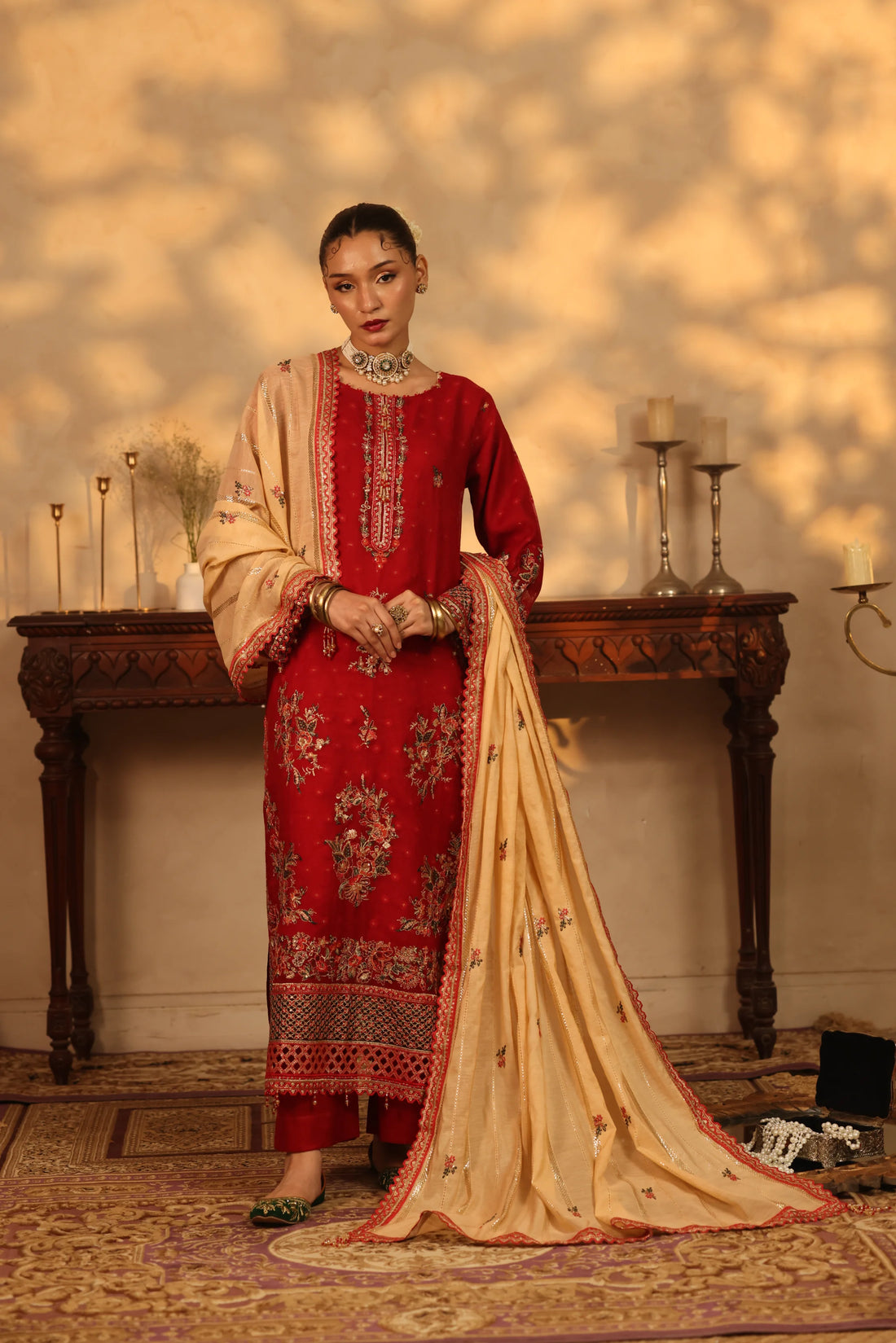 Purani Yaadein Crimson, Embroidered Khaadi Net 3 Piece