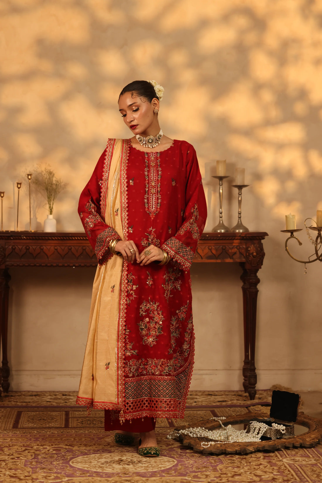 Purani Yaadein Crimson, Embroidered Khaadi Net 3 Piece