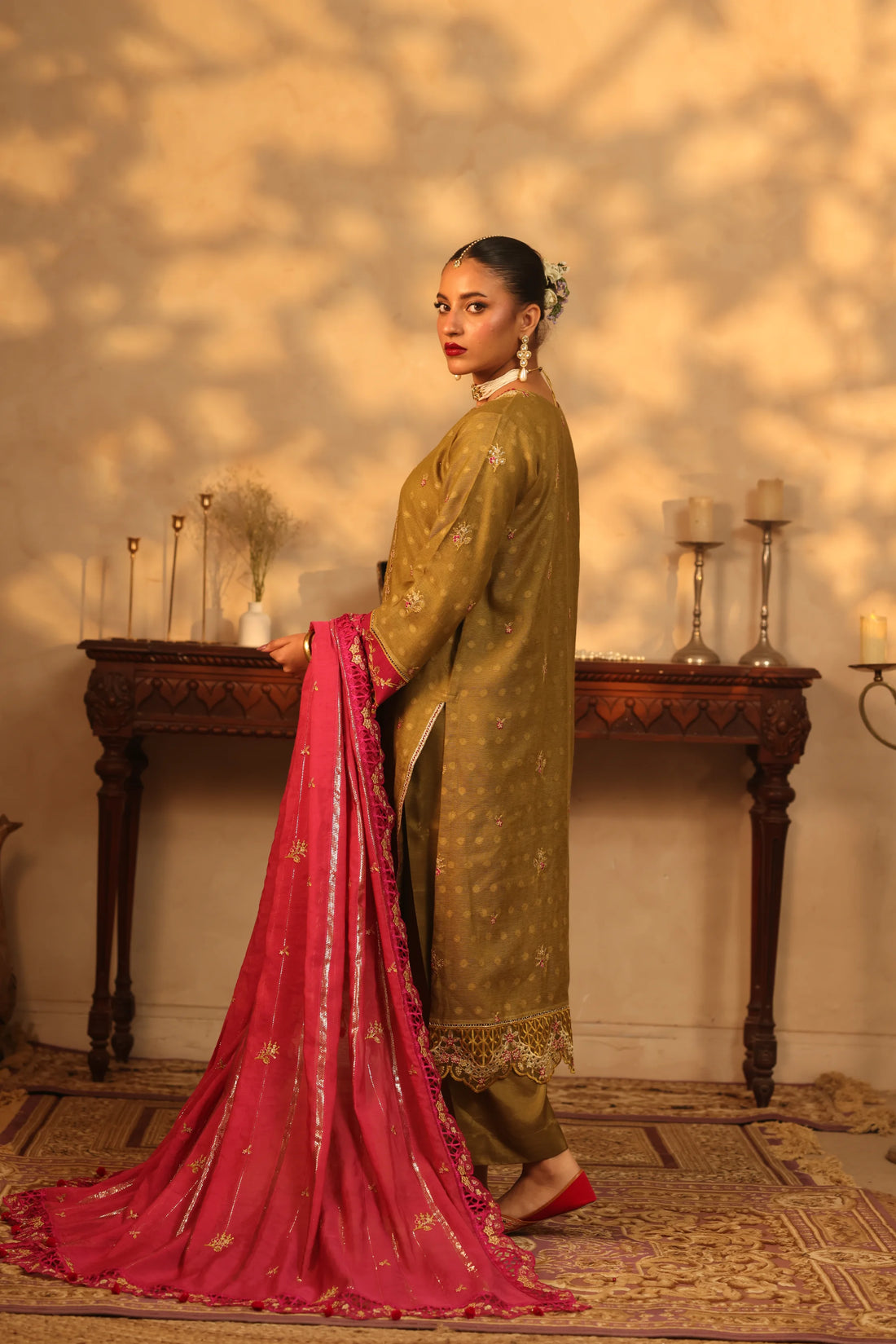 Purani Yaadein Olive Dusk, Embroidered Khaadi Net 3 Piece