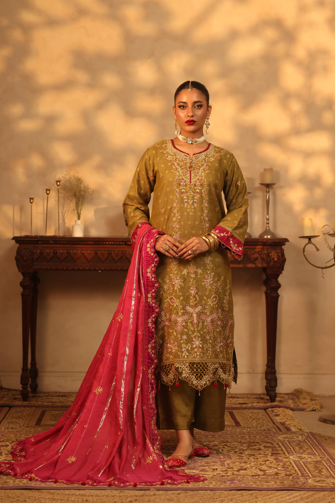 Purani Yaadein Olive Dusk, Embroidered Khaadi Net 3 Piece