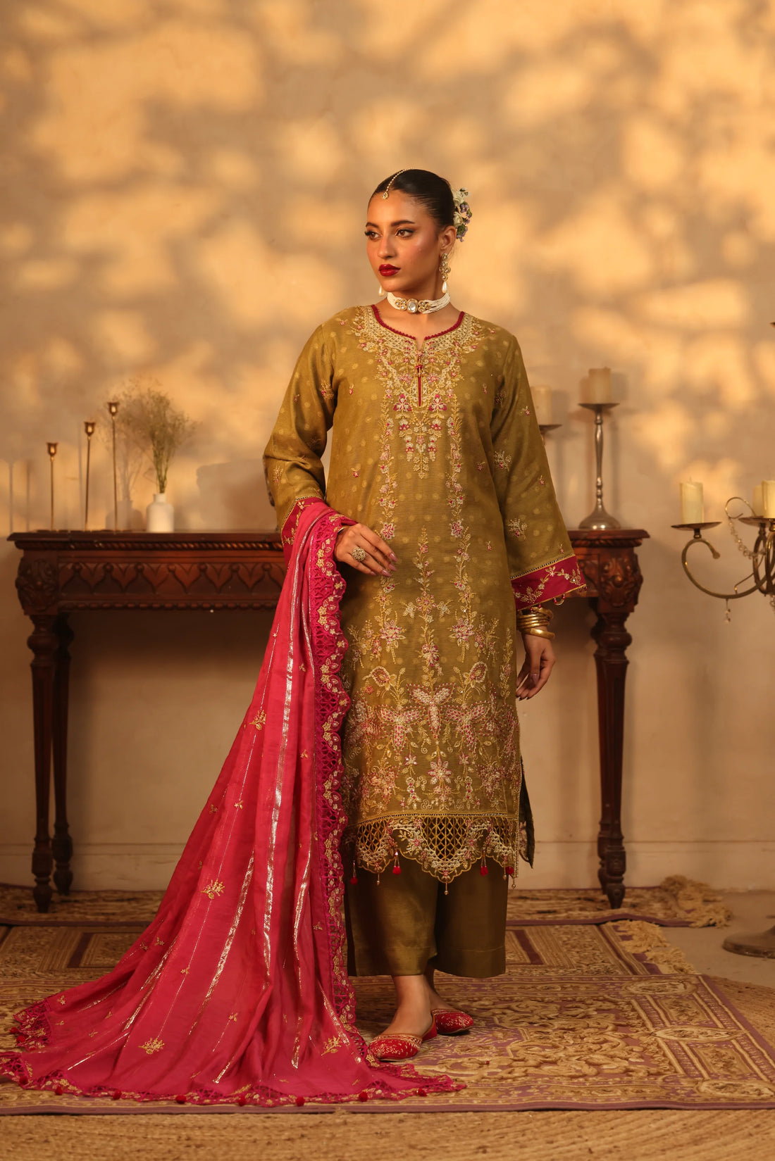 Purani Yaadein Olive Dusk, Embroidered Khaadi Net 3 Piece