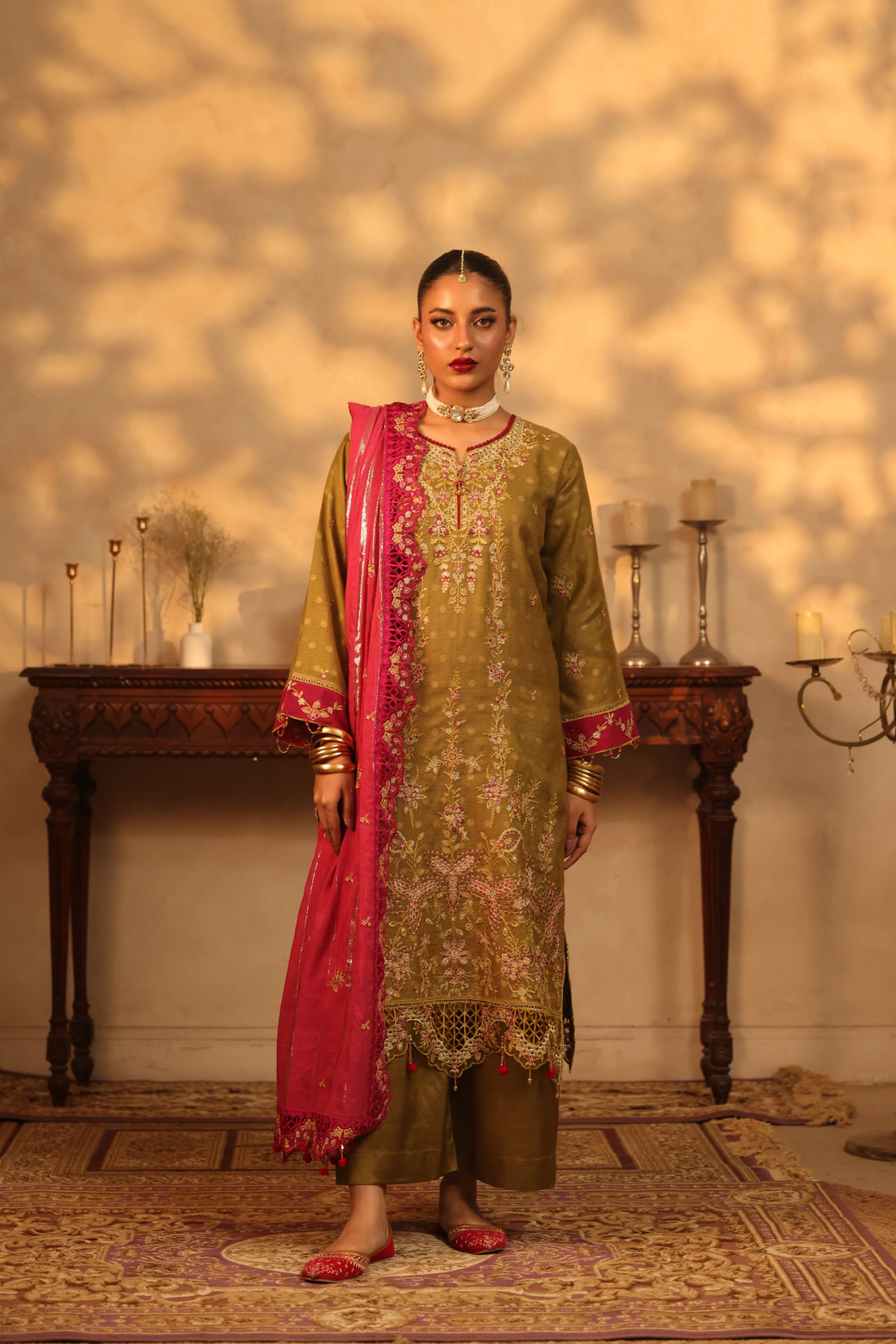 Purani Yaadein Olive Dusk, Embroidered Khaadi Net 3 Piece