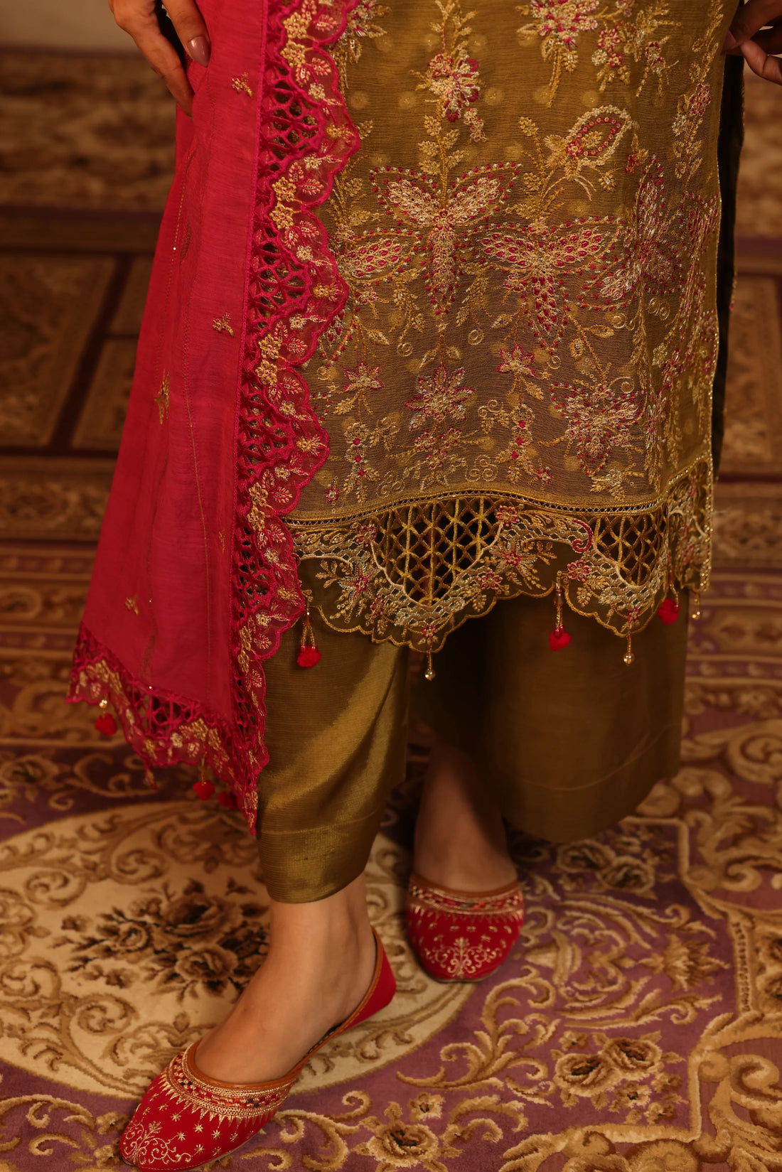 Purani Yaadein Olive Dusk, Embroidered Khaadi Net 3 Piece