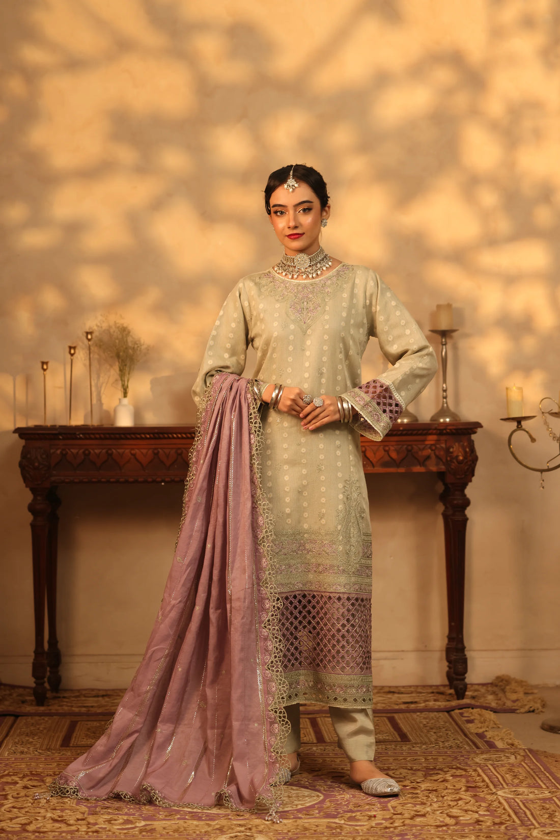 Purani Yaadein Sage Mist, Embroidered Khaadi Net 3 Piece