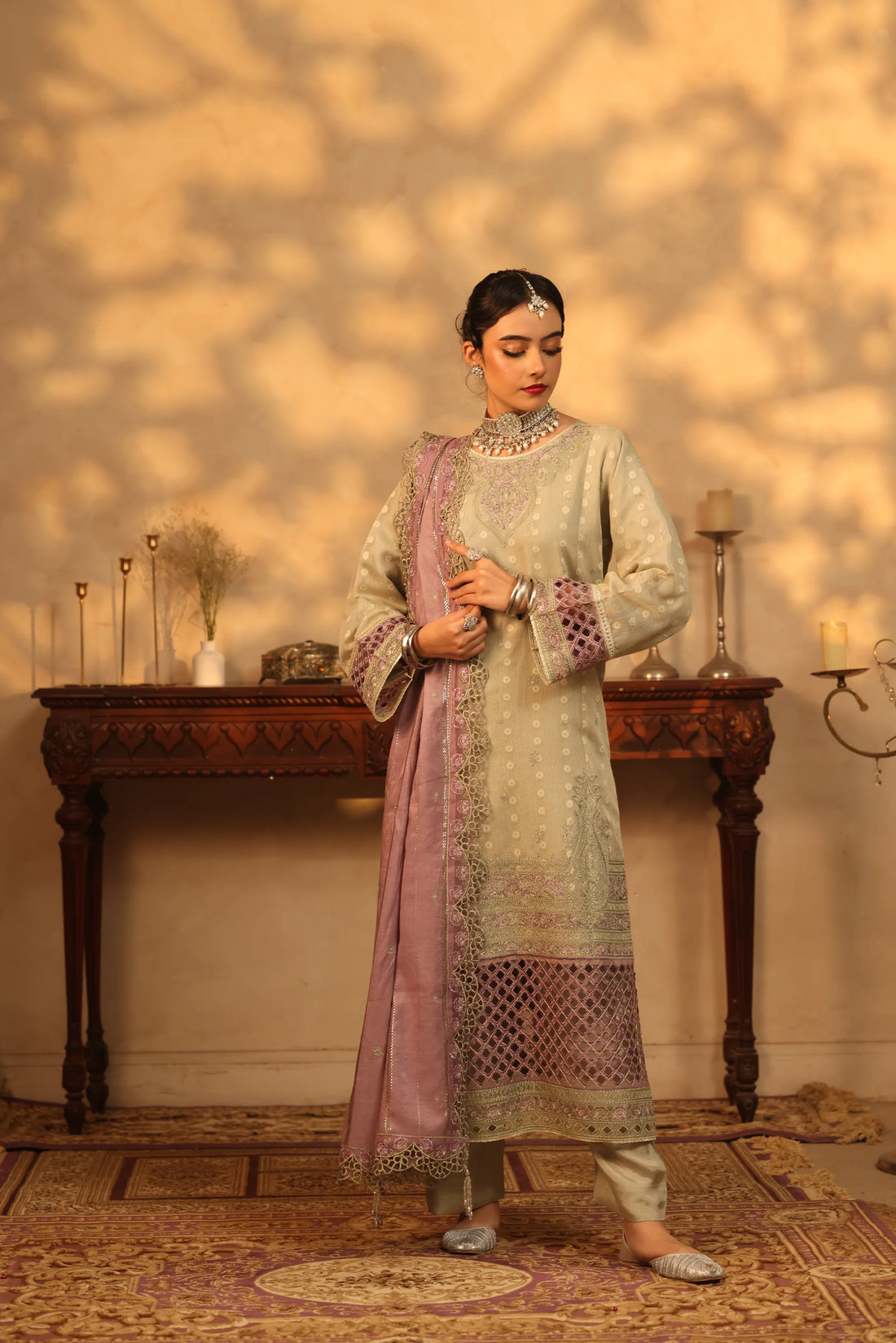 Purani Yaadein Sage Mist, Embroidered Khaadi Net 3 Piece