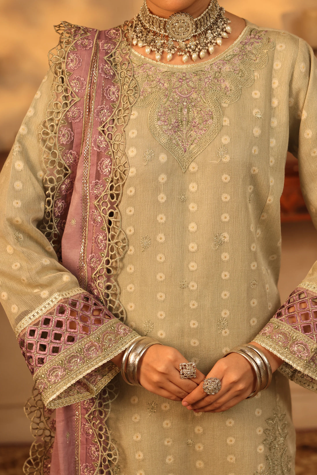 Purani Yaadein Sage Mist, Embroidered Khaadi Net 3 Piece