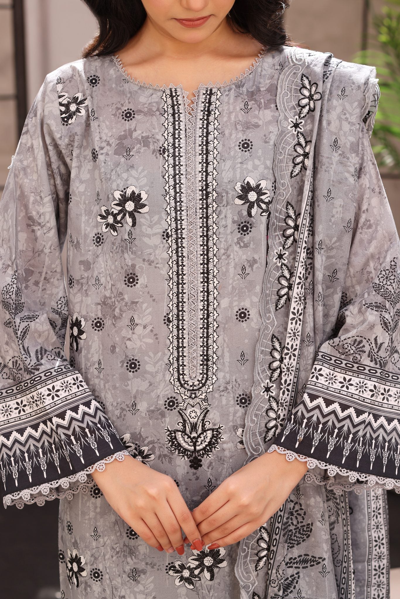 Surmai Pearl Grey, Embroidered Lawn 3 Piece