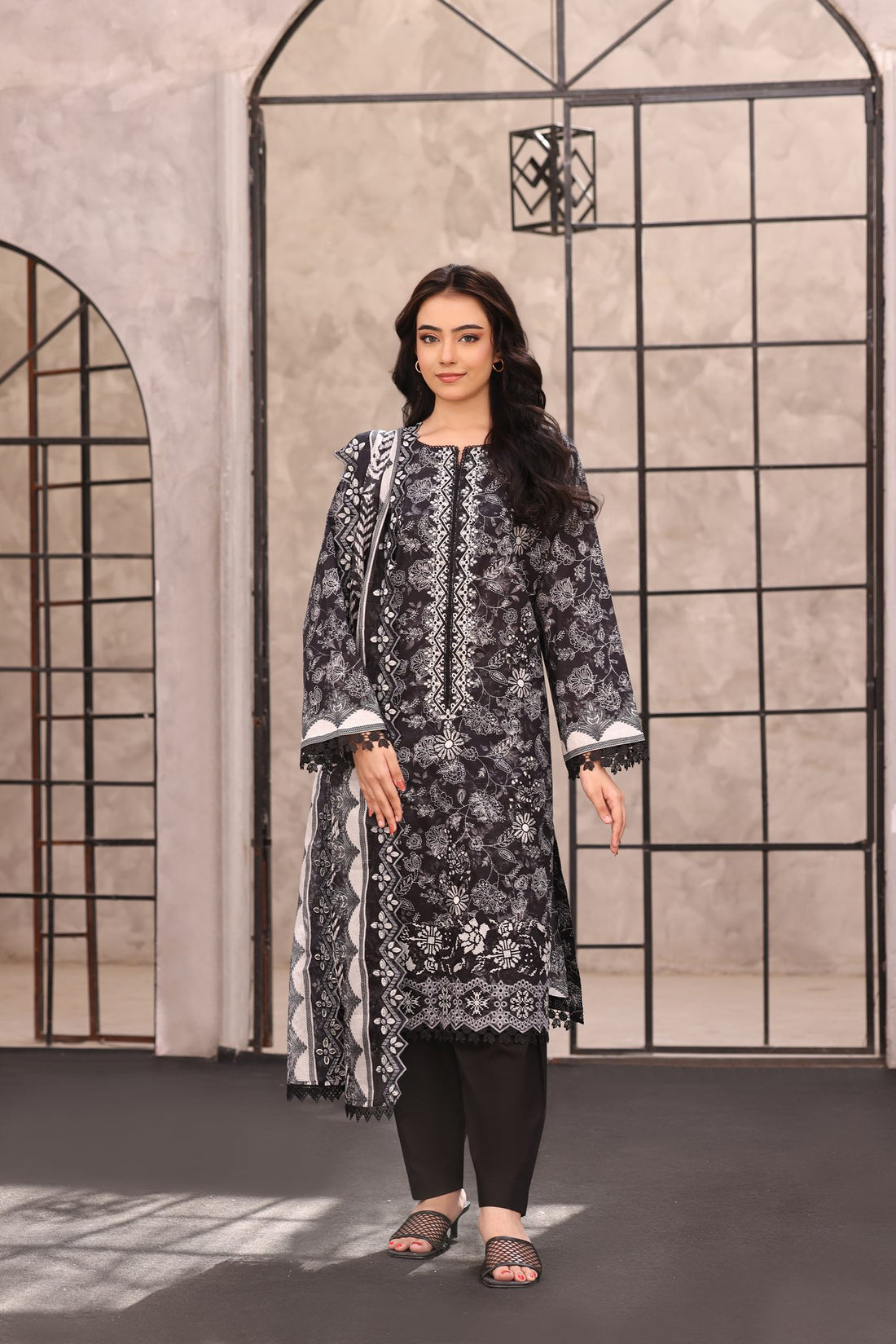 Surmai Charcoal, Embroidered Lawn 3 Piece