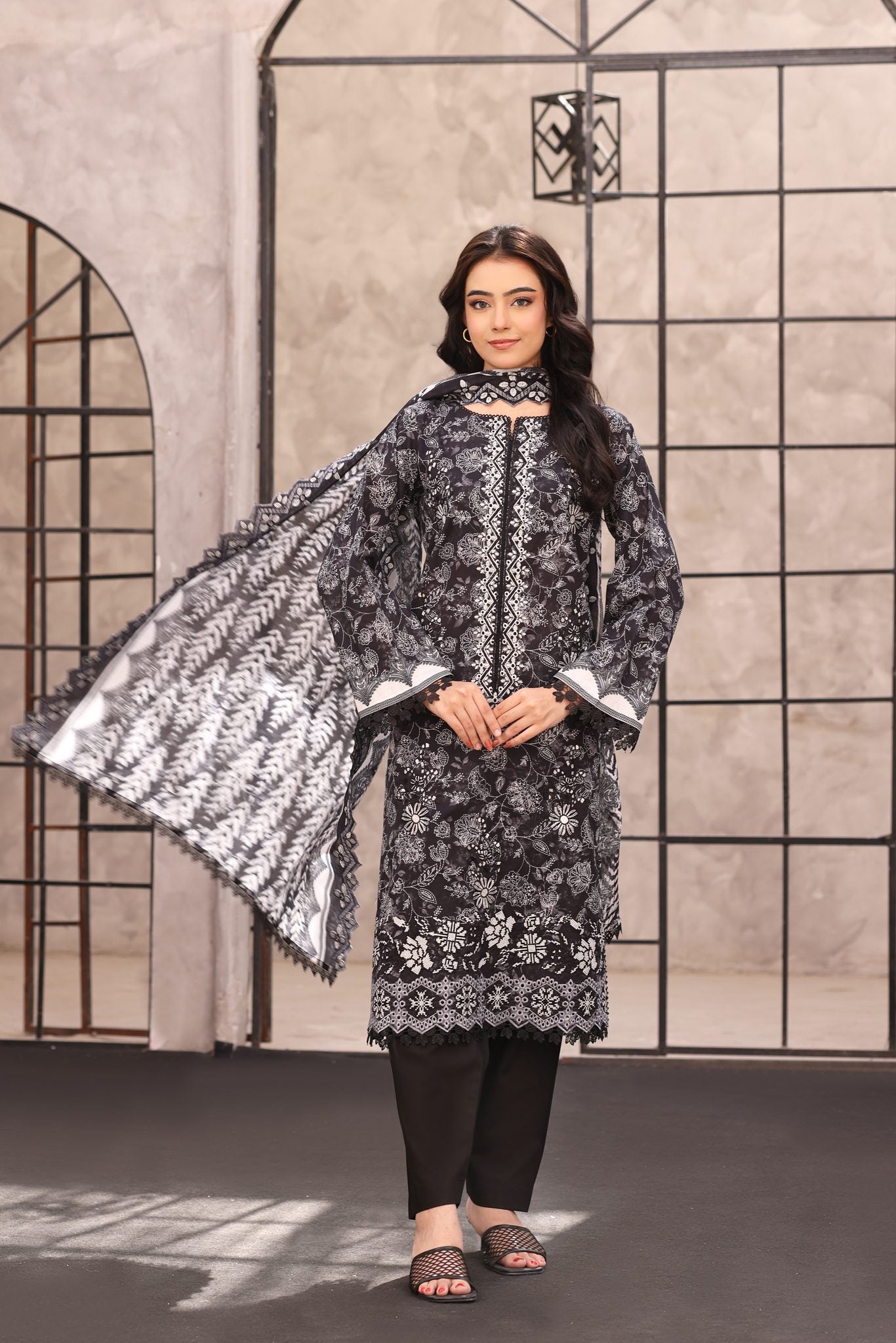 Surmai Charcoal, Embroidered Lawn 3 Piece