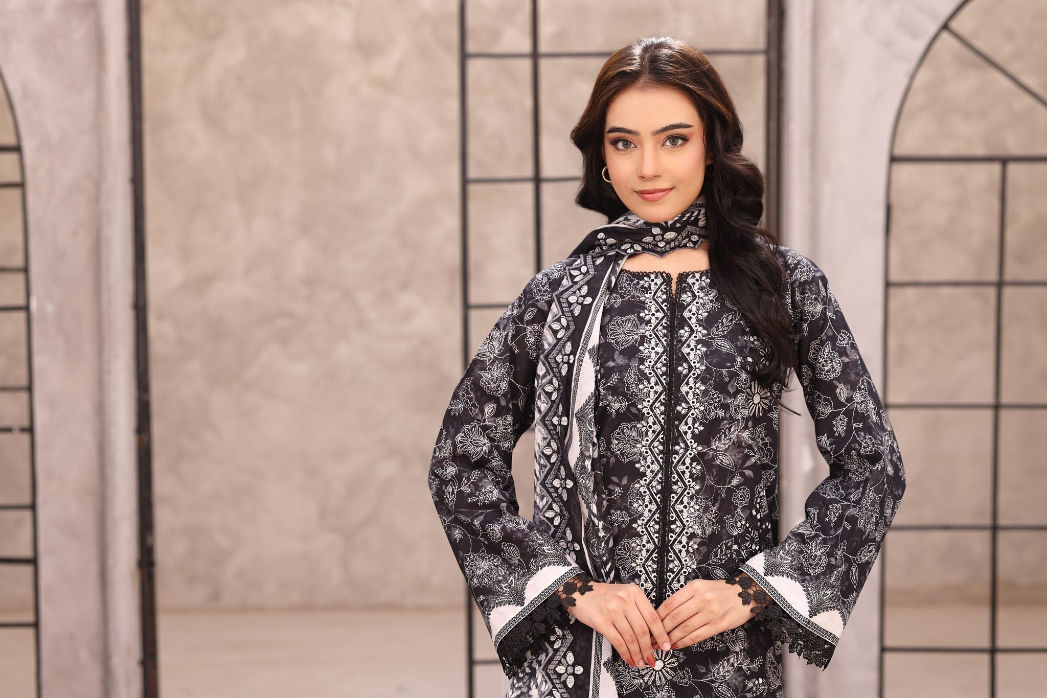 Surmai Charcoal, Embroidered Lawn 3 Piece
