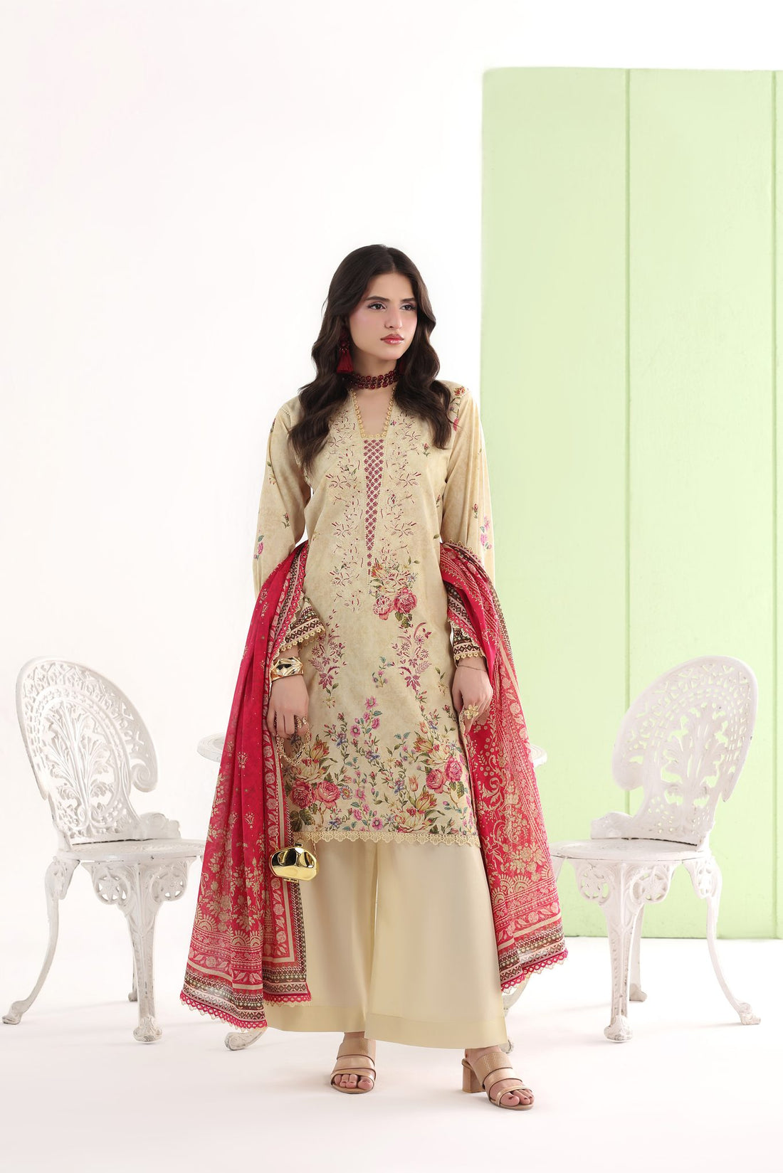 Bahar Cream & Crimson, Embroidered Lawn 3 Piece (Stitched)