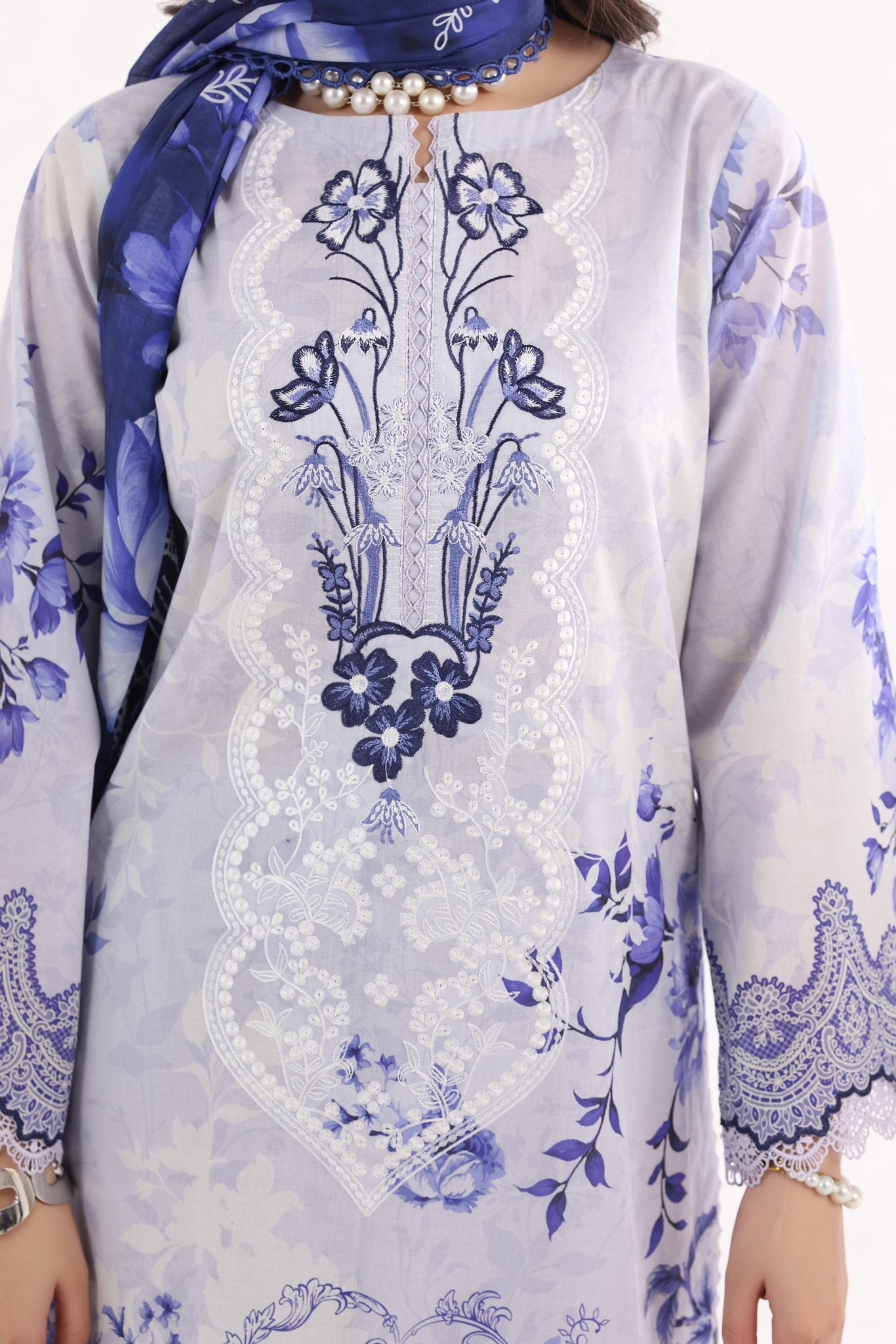 Siyara Porcelain Blue, Embroidered Lawn 3 Piece