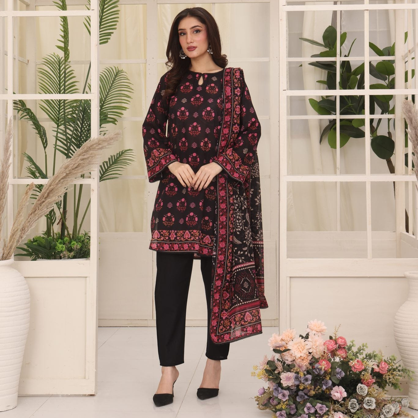 Easy Breezy Black Rose, Embroidered Lawn 3 Piece
