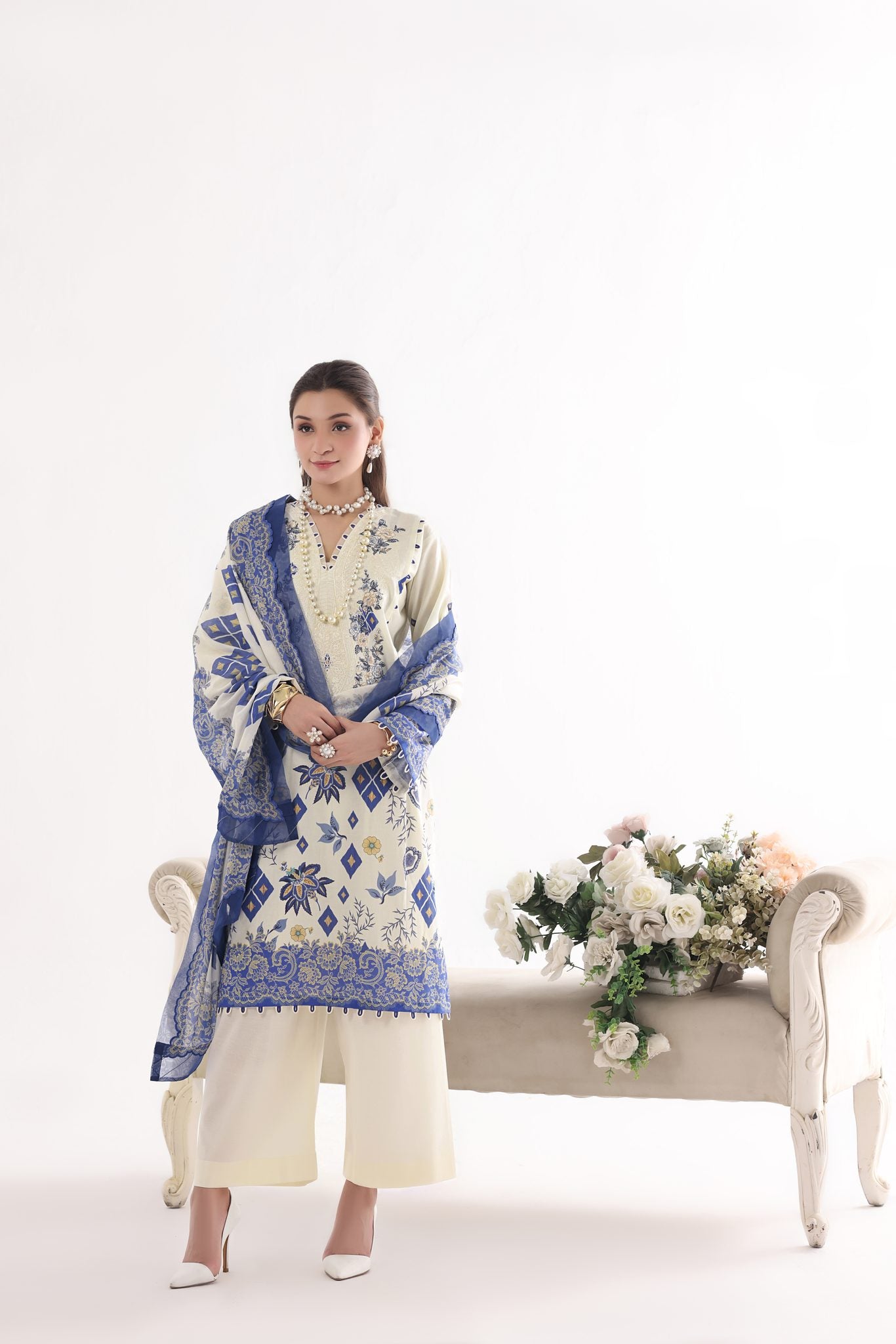 Siyara Ivory Cobalt, Embroidered Lawn 3 Piece