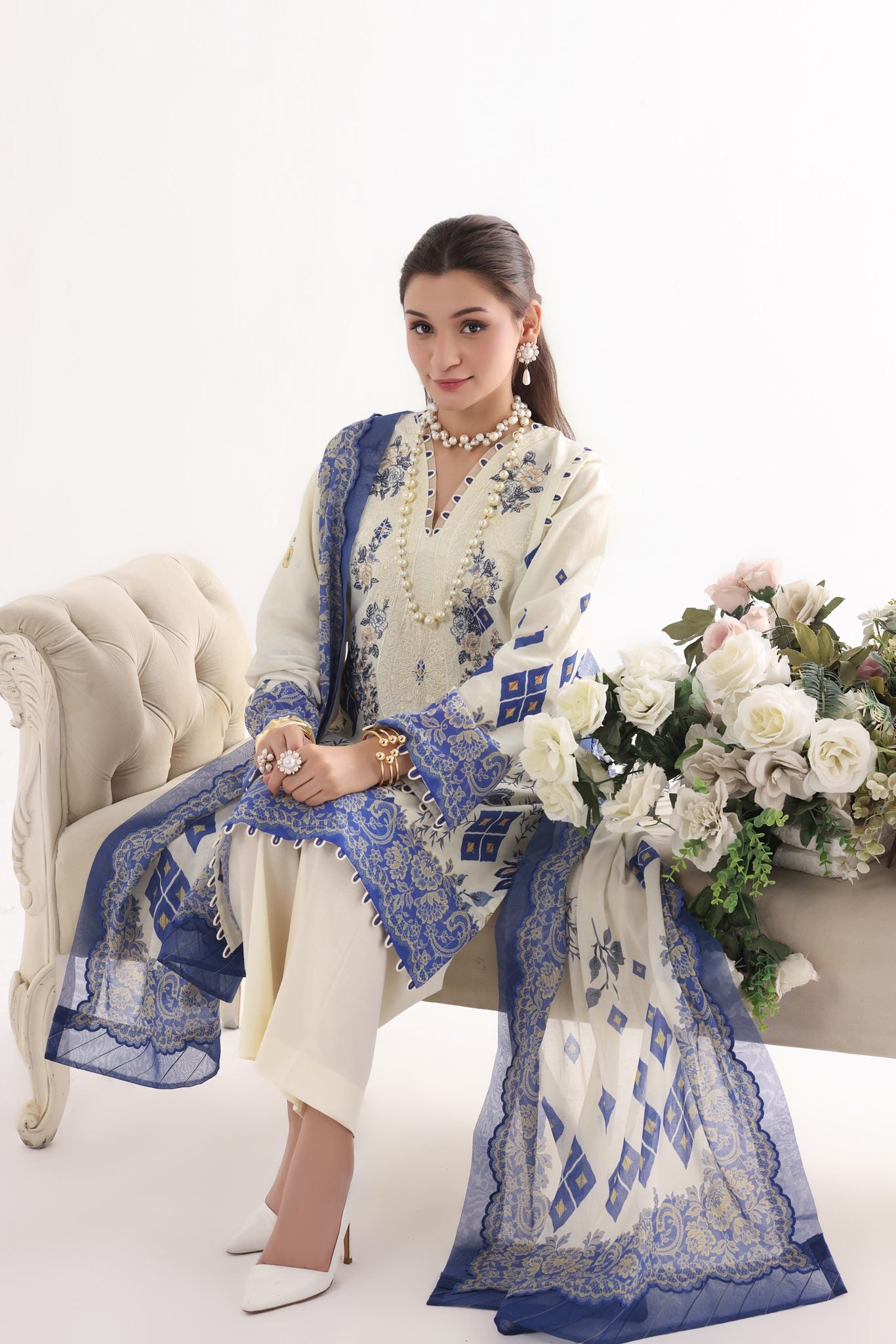 Siyara Ivory Cobalt, Embroidered Lawn 3 Piece
