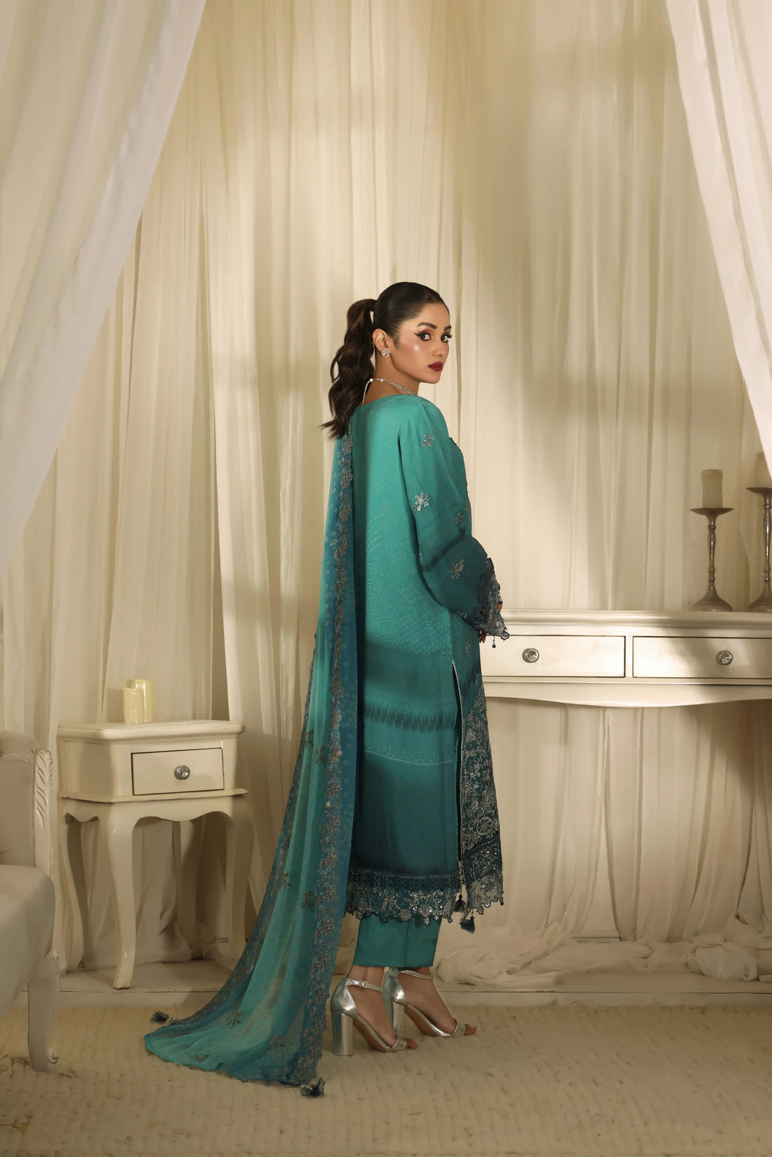 Noor Mahal Emerald Teal, Digital Printed Embroidered Chiffon 3-Piece