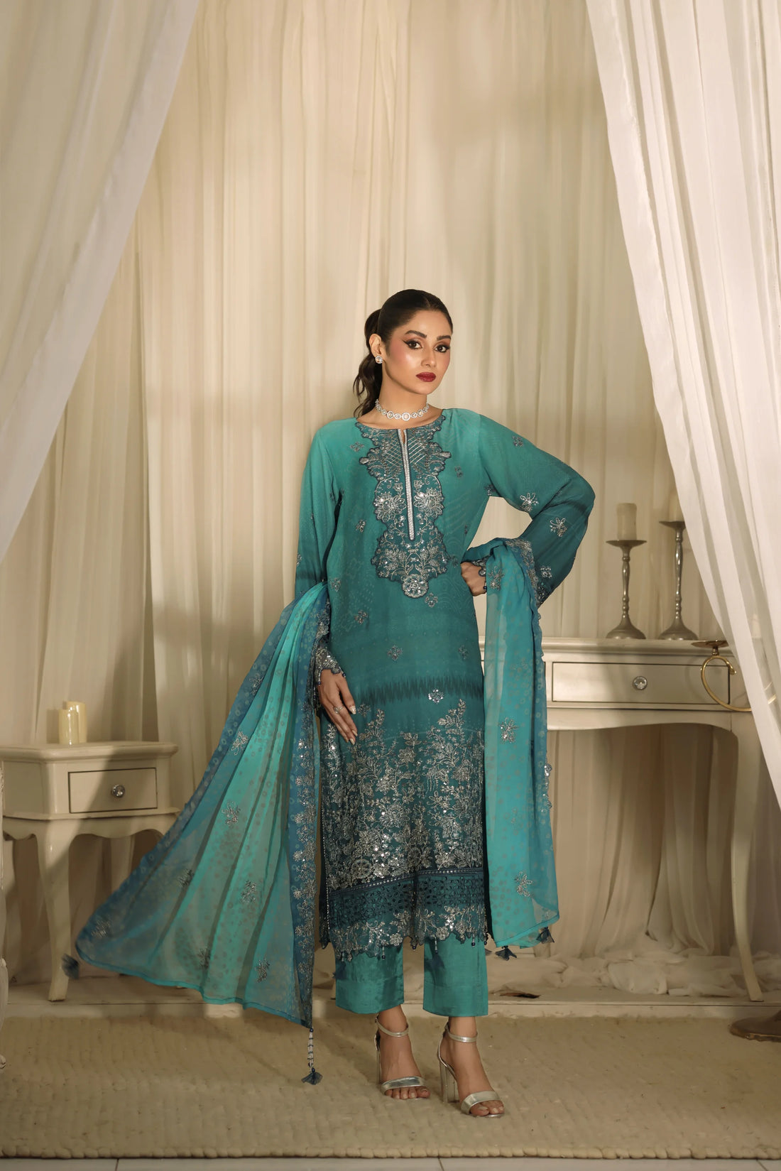 Noor Mahal Emerald Teal, Digital Printed Embroidered Chiffon 3-Piece