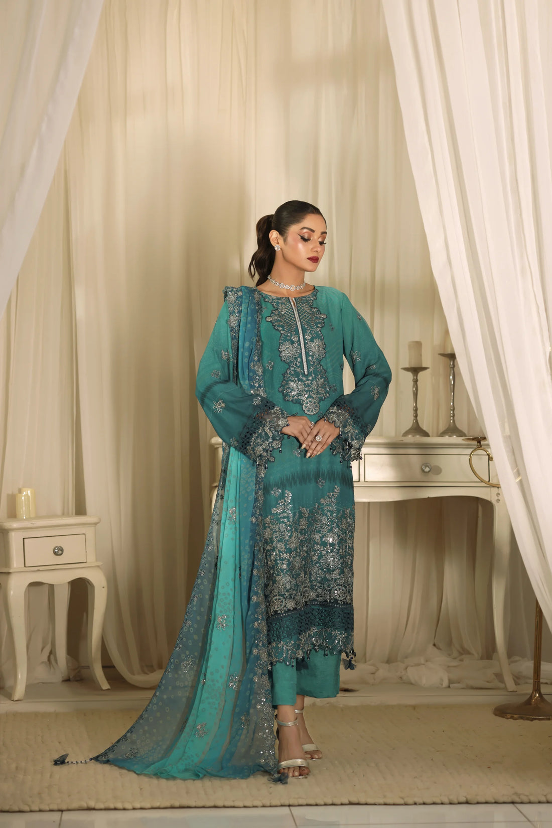 Noor Mahal Emerald Teal, Digital Printed Embroidered Chiffon 3-Piece