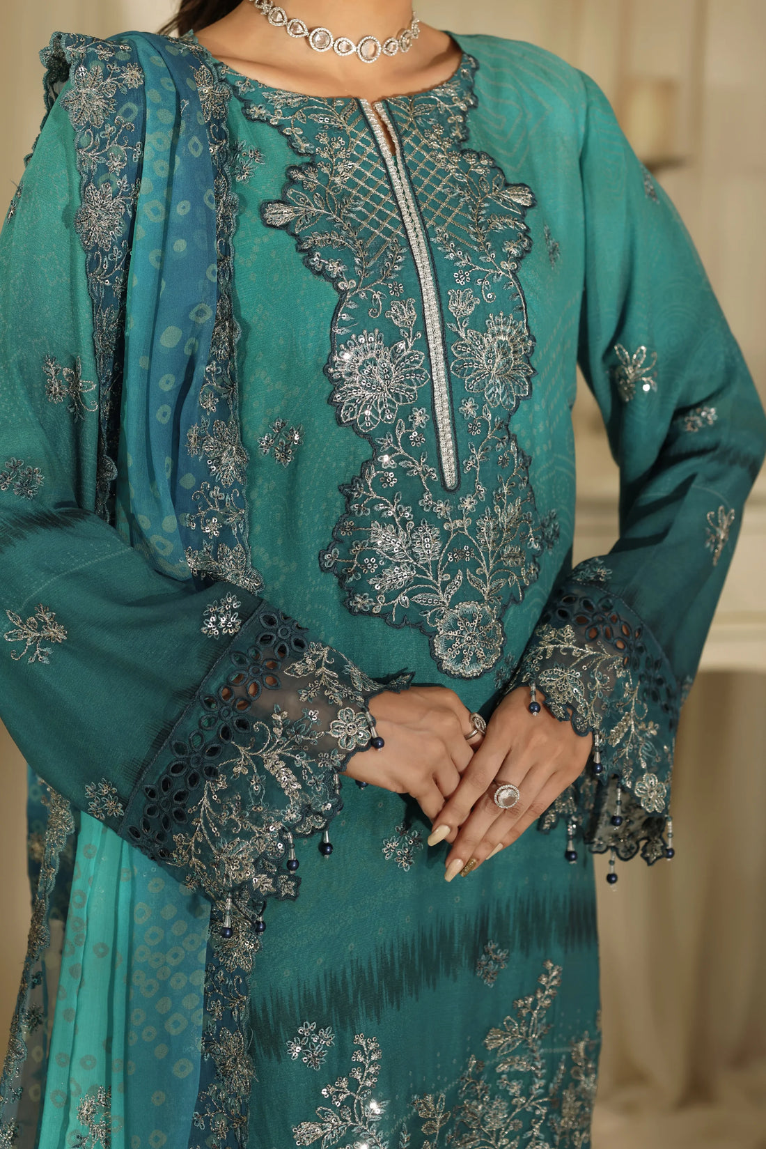 Noor Mahal Emerald Teal, Digital Printed Embroidered Chiffon 3-Piece