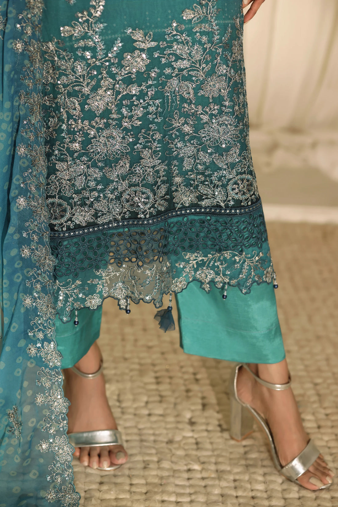 Noor Mahal Emerald Teal, Digital Printed Embroidered Chiffon 3-Piece
