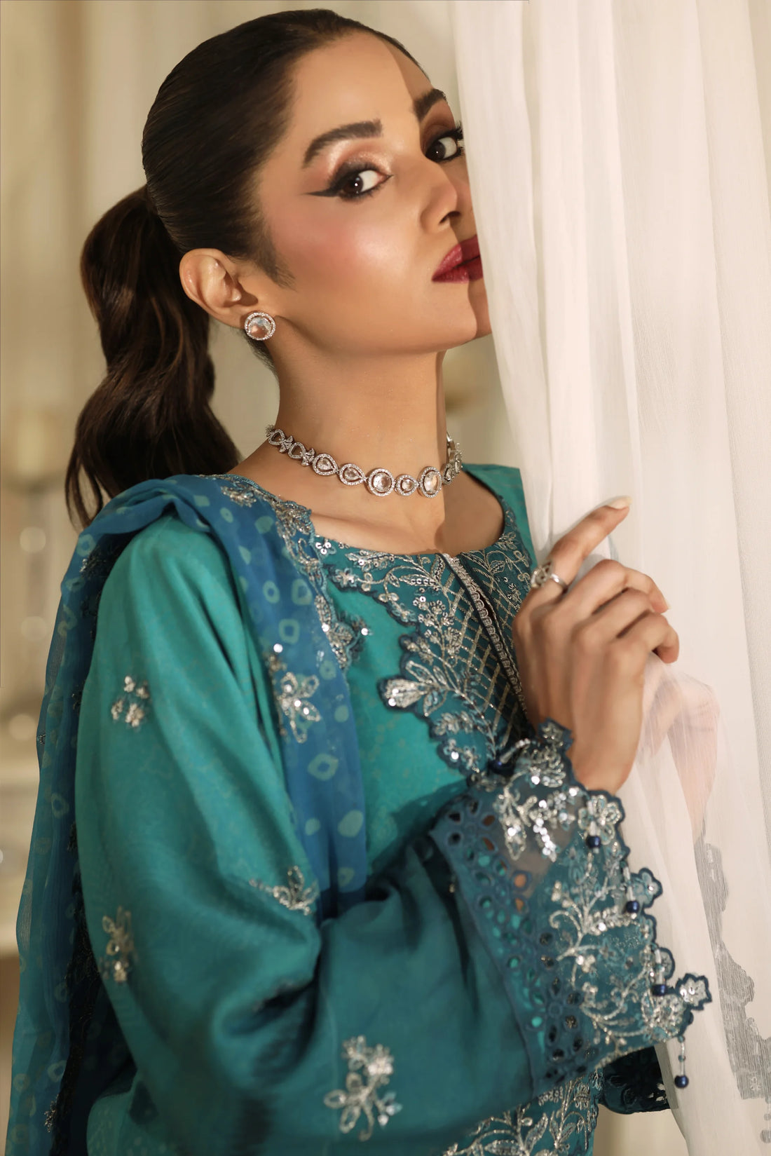 Noor Mahal Emerald Teal, Digital Printed Embroidered Chiffon 3-Piece
