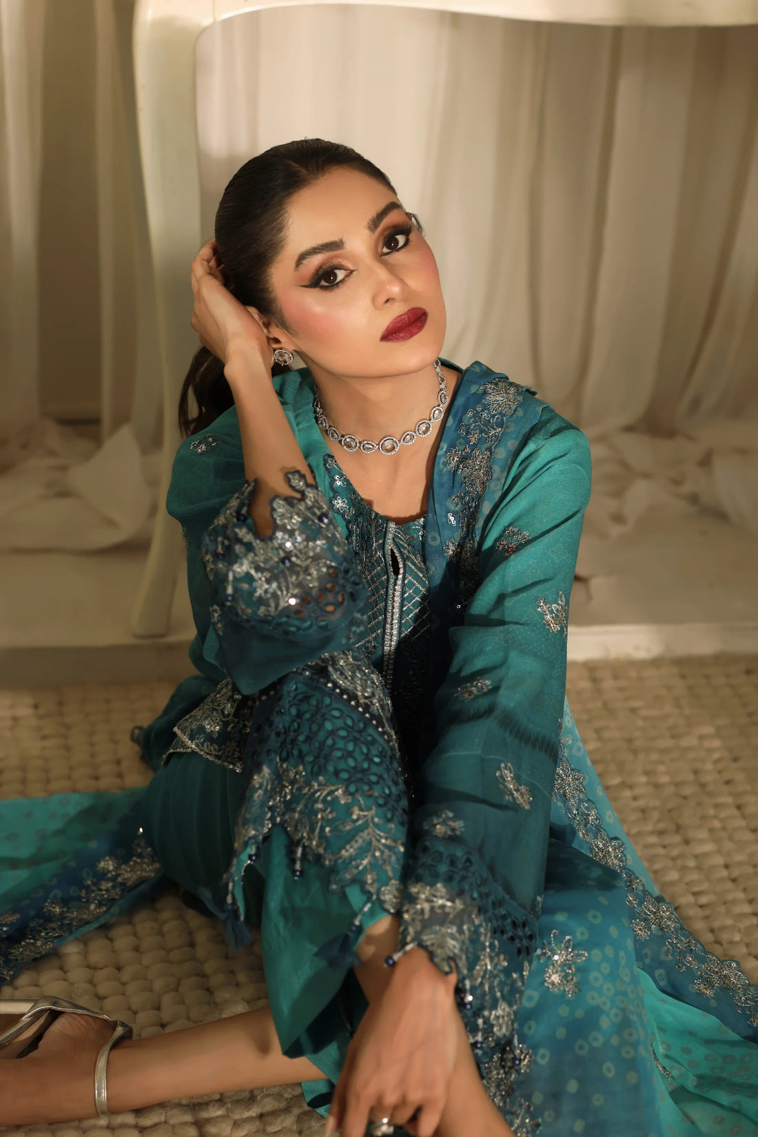 Noor Mahal Emerald Teal, Digital Printed Embroidered Chiffon 3-Piece