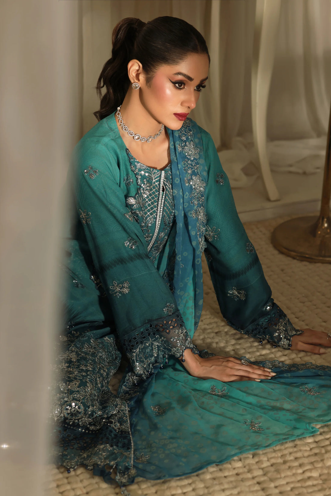 Noor Mahal Emerald Teal, Digital Printed Embroidered Chiffon 3-Piece