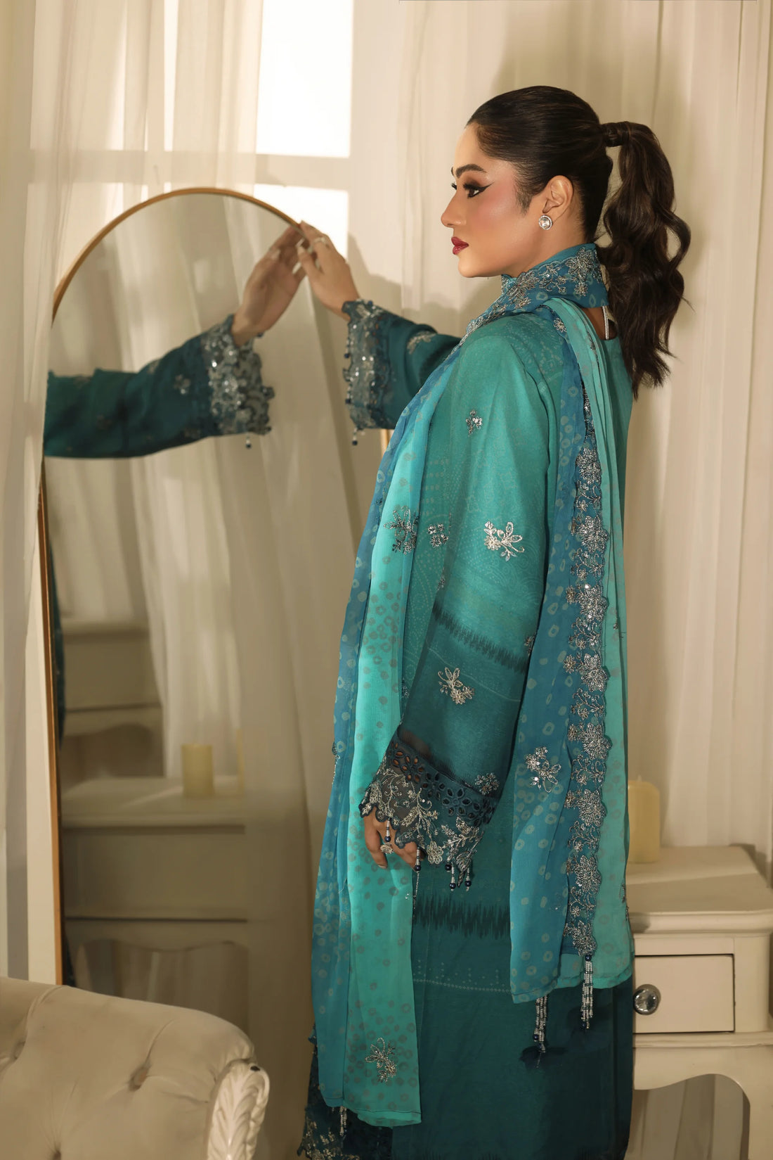 Noor Mahal Emerald Teal, Digital Printed Embroidered Chiffon 3-Piece