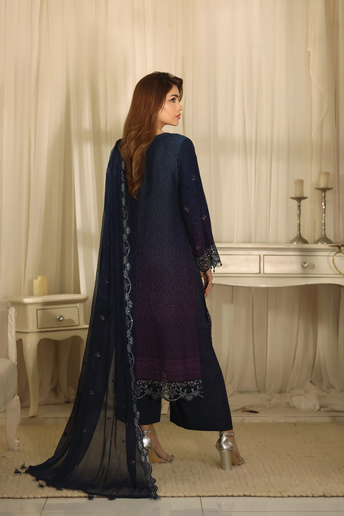 Noor Mahal Midnight Blue, Digital Printed Embroidered Chiffon 3-Piece