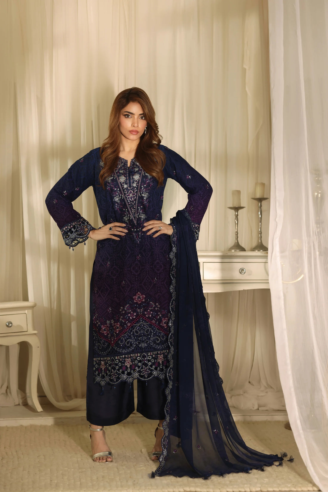 Noor Mahal Midnight Blue, Digital Printed Embroidered Chiffon 3-Piece