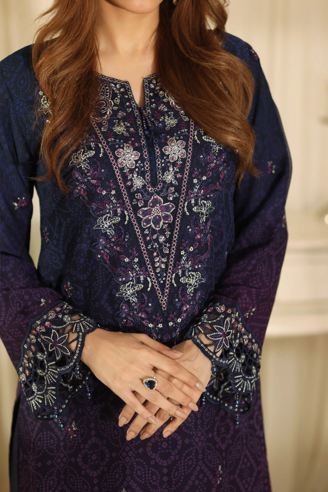 Noor Mahal Midnight Blue, Digital Printed Embroidered Chiffon 3-Piece