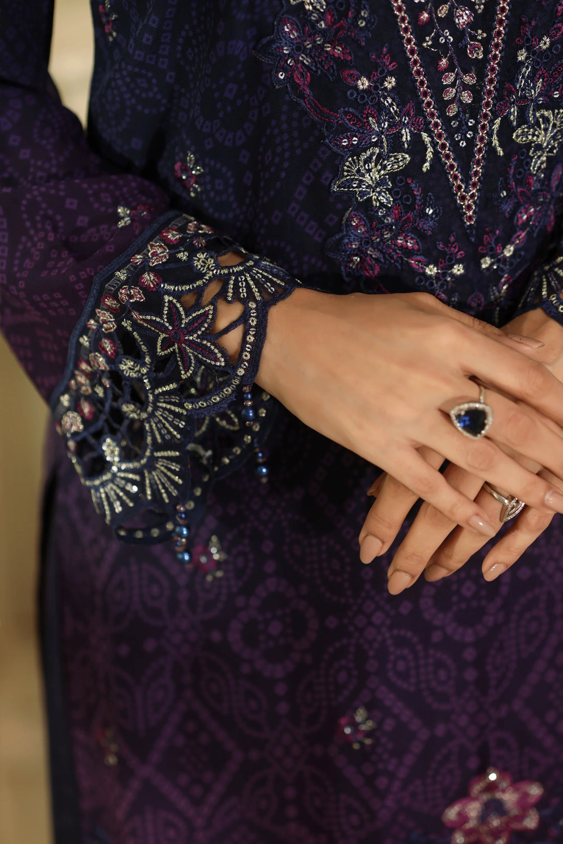 Noor Mahal Midnight Blue, Digital Printed Embroidered Chiffon 3-Piece