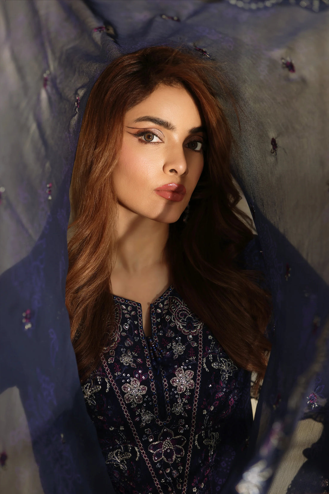 Noor Mahal Midnight Blue, Digital Printed Embroidered Chiffon 3-Piece