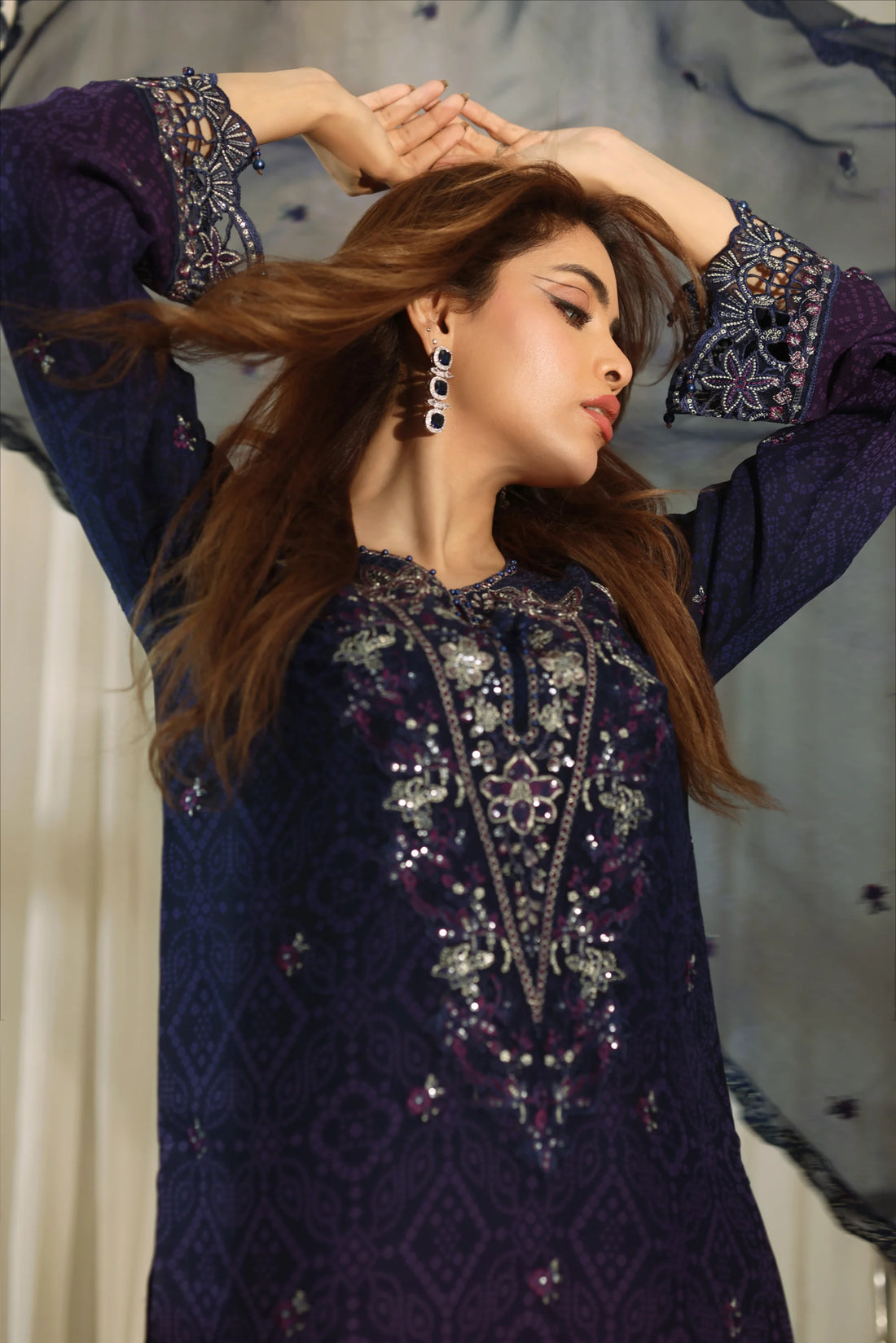 Noor Mahal Midnight Blue, Digital Printed Embroidered Chiffon 3-Piece