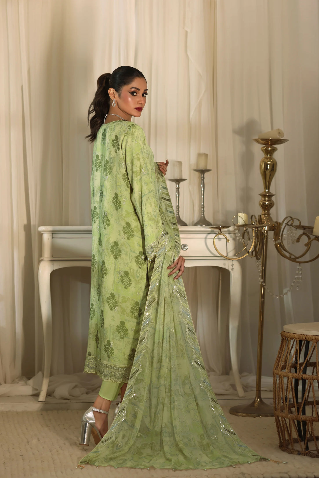 Noor Mahal Pistachio Green, Digital Printed Embroidered Chiffon 3-Piece