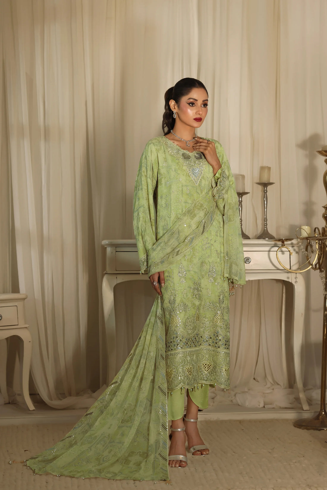 Noor Mahal Pistachio Green, Digital Printed Embroidered Chiffon 3-Piece