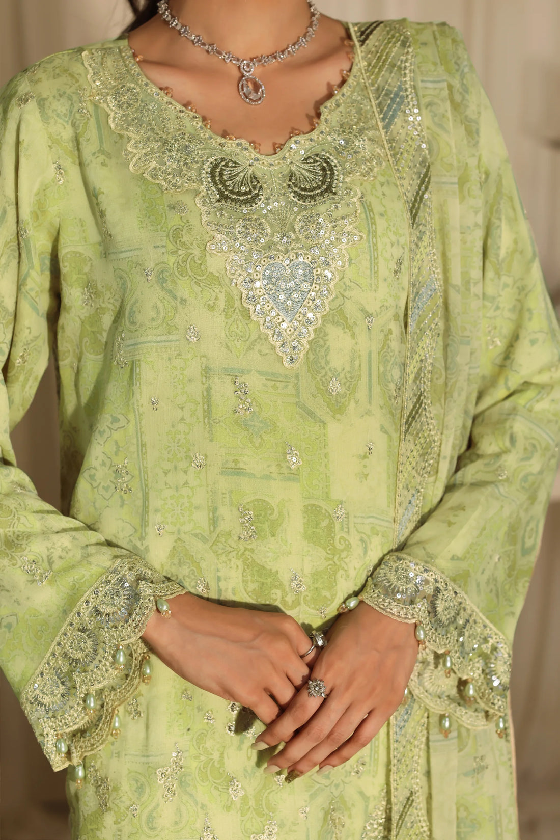 Noor Mahal Pistachio Green, Digital Printed Embroidered Chiffon 3-Piece