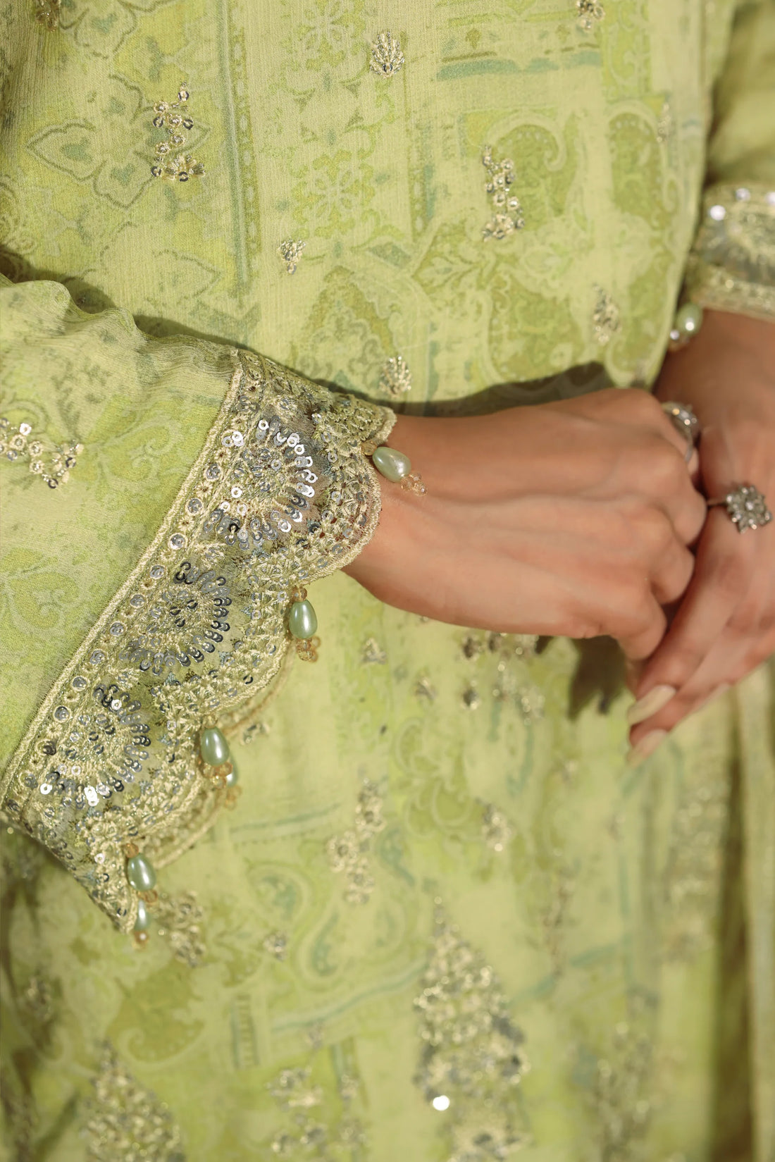Noor Mahal Pistachio Green, Digital Printed Embroidered Chiffon 3-Piece